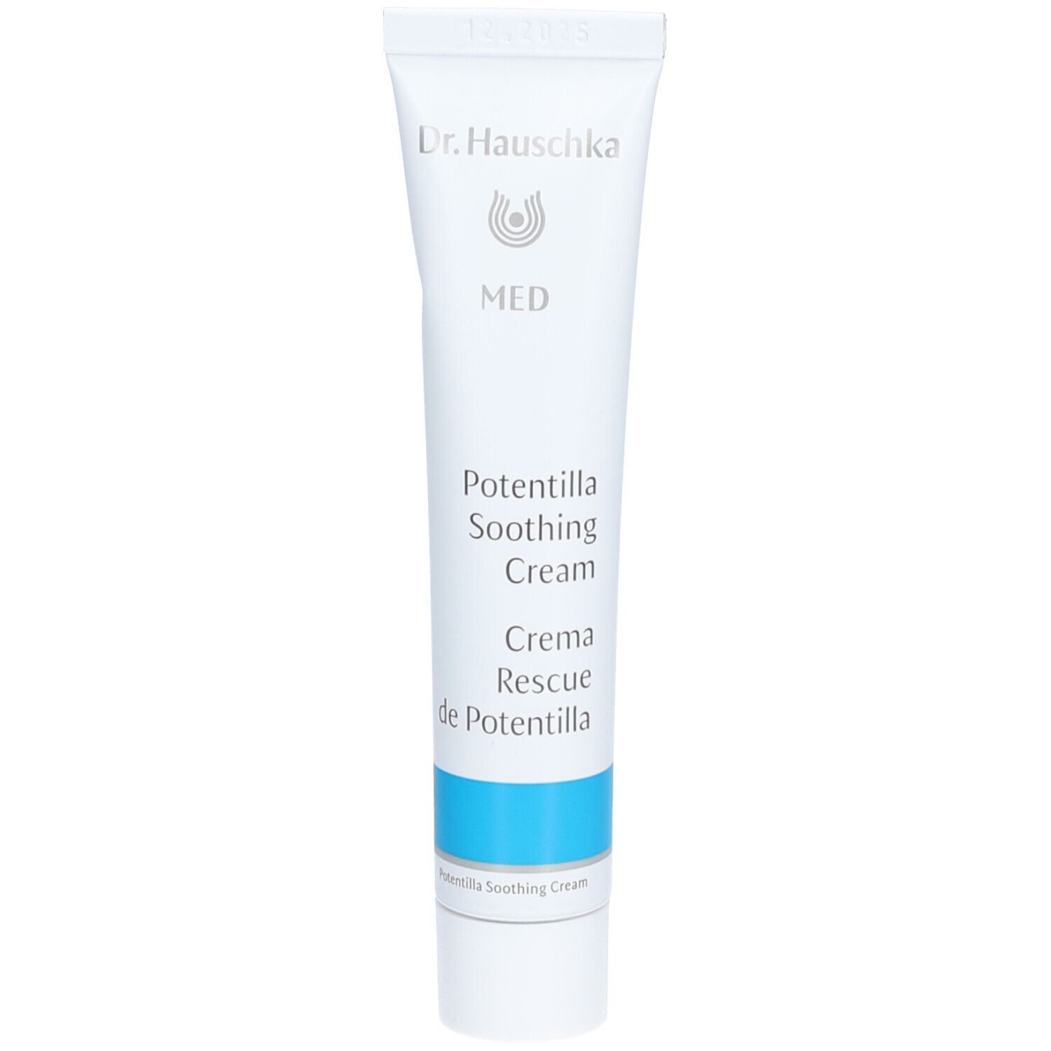 Tube blanc avec bande bleue. Inscription: Dr. Hauschka MED, Potentilla Soothing Cream, Crema Rescue de Potentilla.