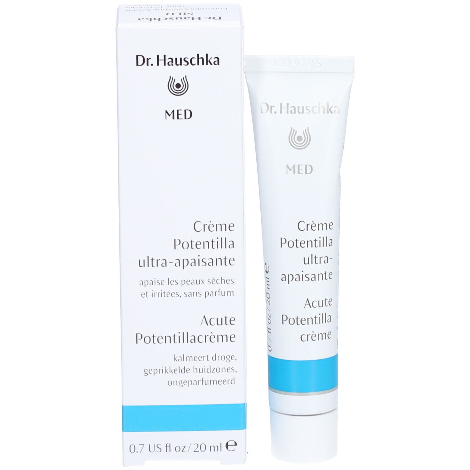 Tube et boîte blancs. Inscription: Dr. Hauschka MED, Crème Potentilla ultra-apaisante, Acute Potentillacrème. 0.7 US fl oz / 20 ml.