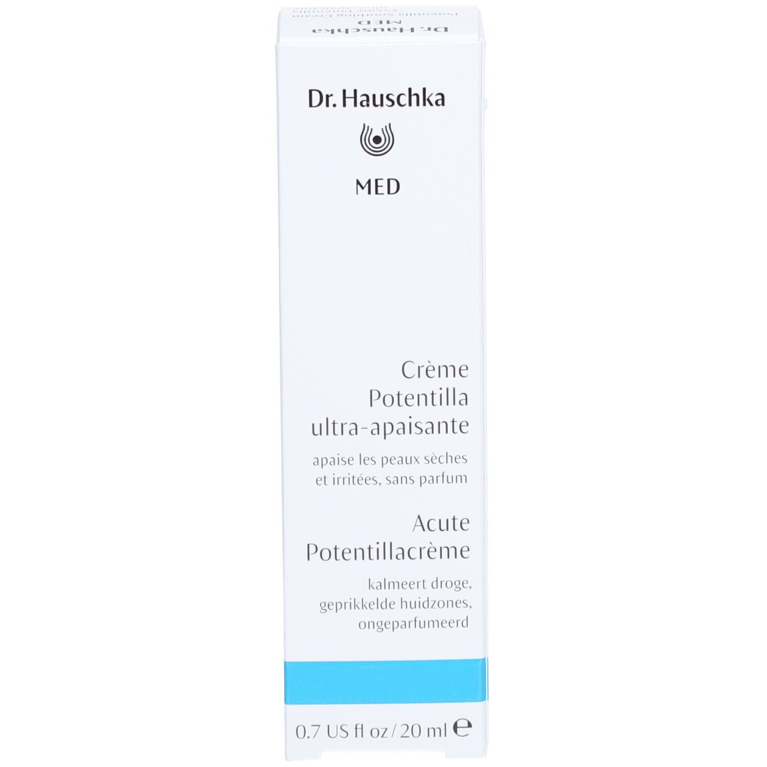 Boîte blanche. Inscription: Dr. Hauschka MED, Crème Potentilla ultra-apaisante, Acute Potentillacrème. 0.7 US fl oz / 20 ml.