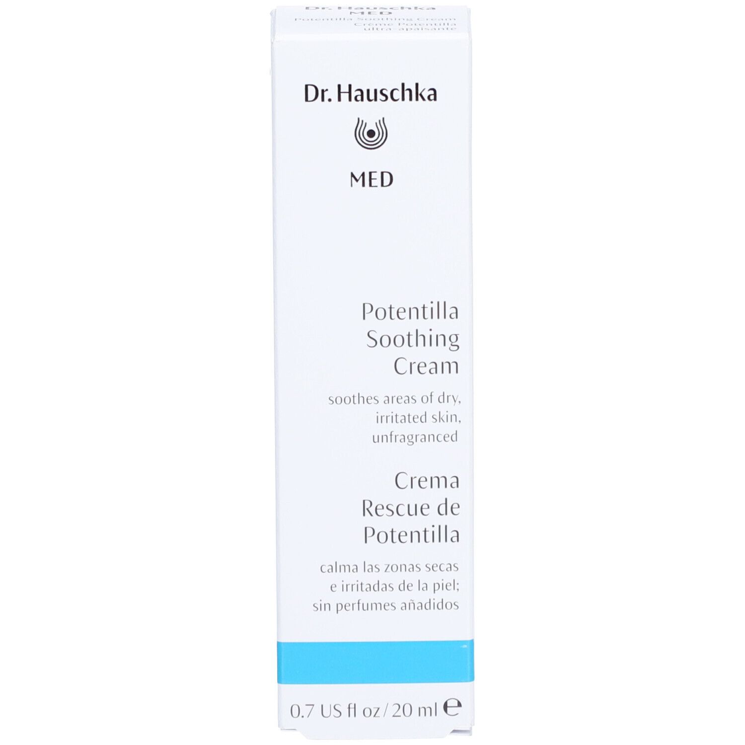 Boîte blanche. Inscription: Dr. Hauschka MED, Potentilla Soothing Cream, Crema Rescue de Potentilla. 0.7 US fl oz / 20 ml.