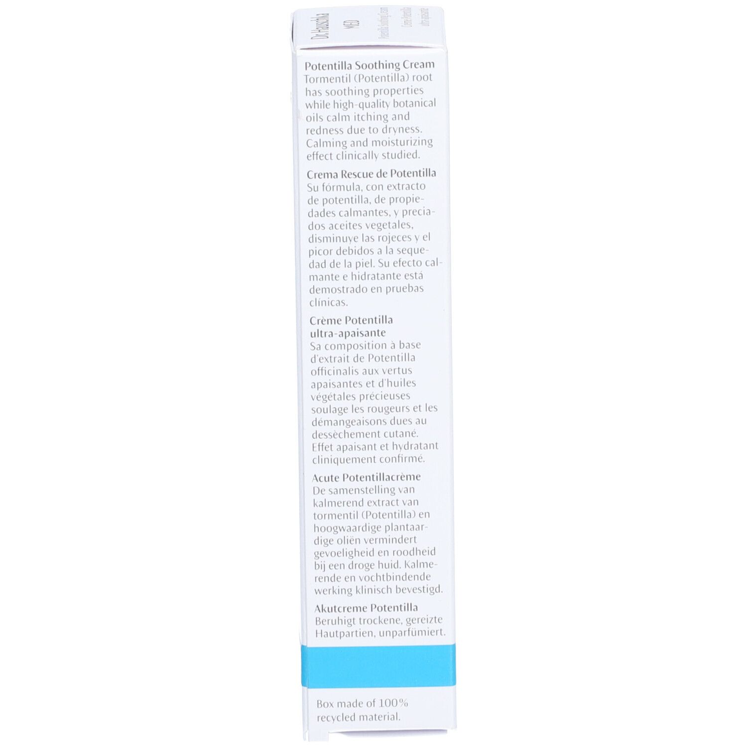 Boîte blanche, dos. Description du produit, ingrédients, informations fabricant, logo de recyclage.
