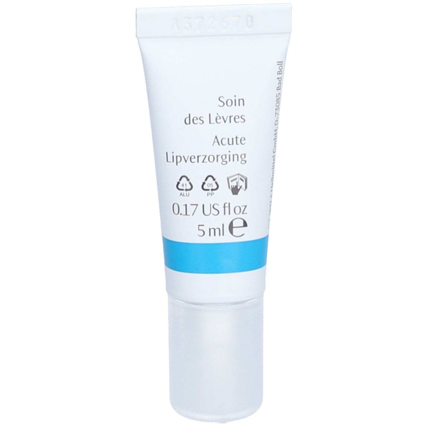 Achterkant van de tube. Opschrift: Soin des Lèvres Acute, Lipverzorging, 0.17 US fl oz, 5 ml.