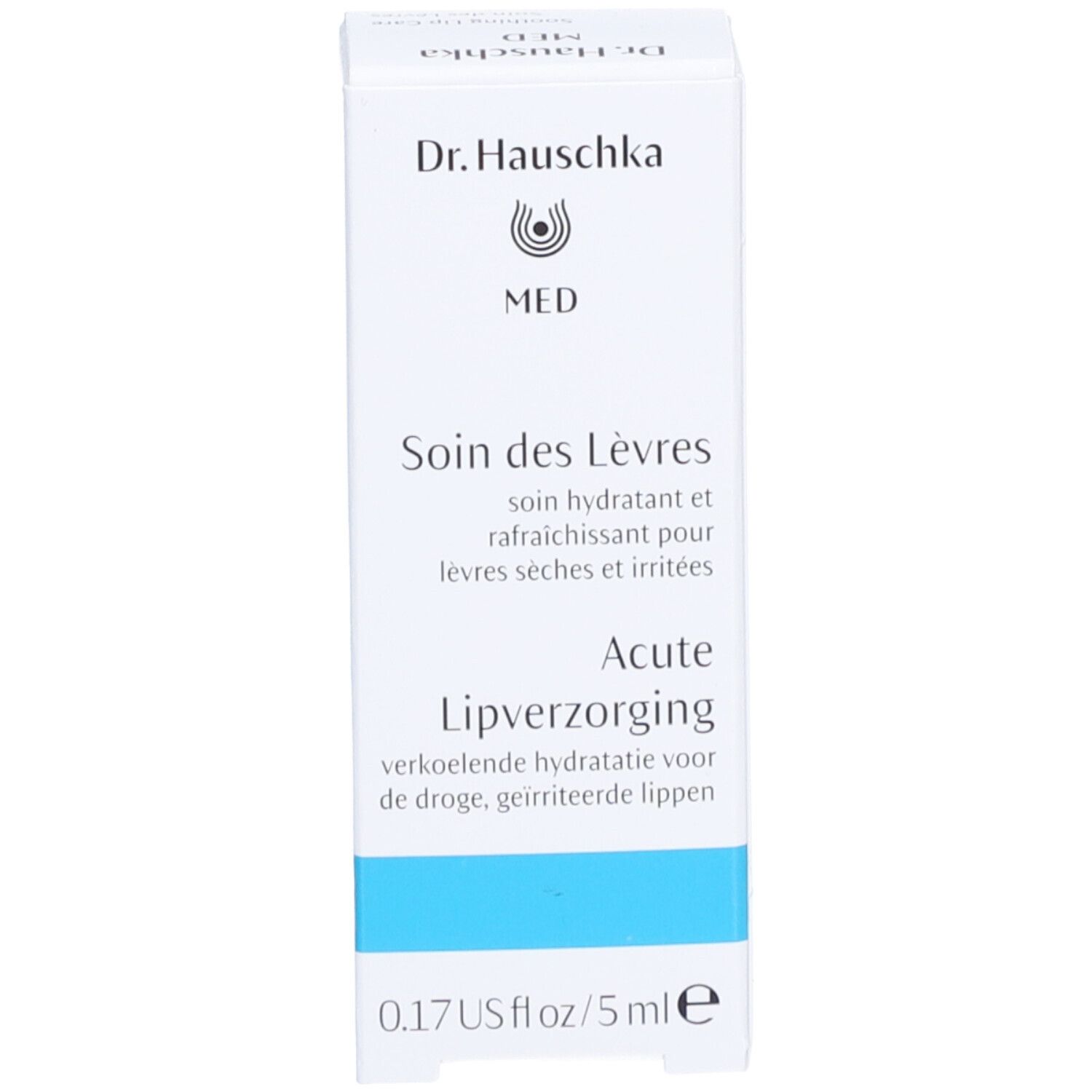 Productverpakking. Opschrift: Dr. Hauschka MED, Soin des Lèvres, Acute Lipverzorging, 0.17 US fl oz, 5 ml.