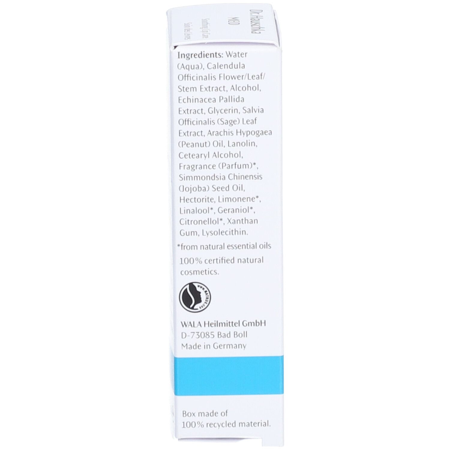 Productverpakking. Ingrediënten: Water, Calendula, Salie, etc. Certificering: 100% gecertificeerde natuurlijke cosmetica.