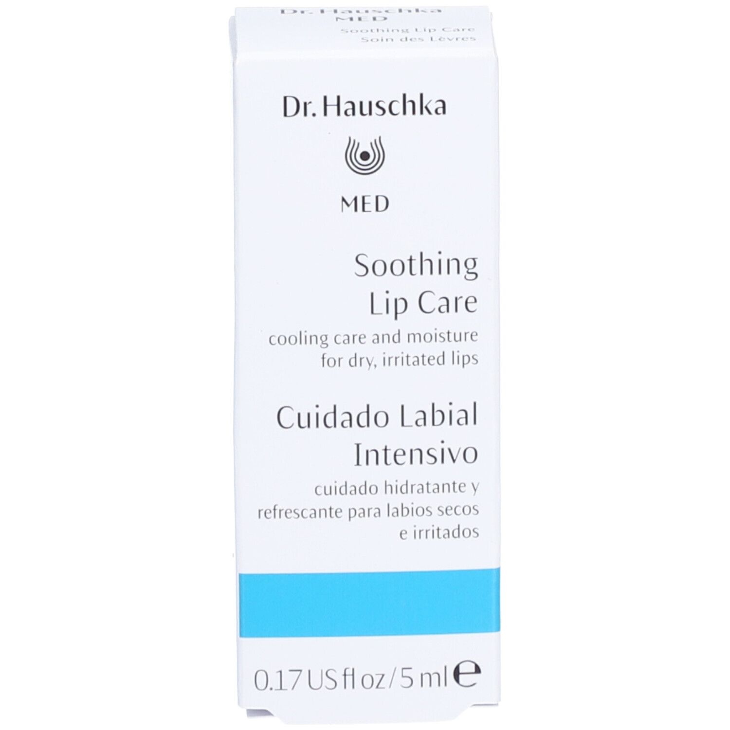 Productverpakking. Opschrift: Dr. Hauschka MED, Soothing Lip Care, Cuidado Labial Intensivo, 0.17 US fl oz, 5 ml.