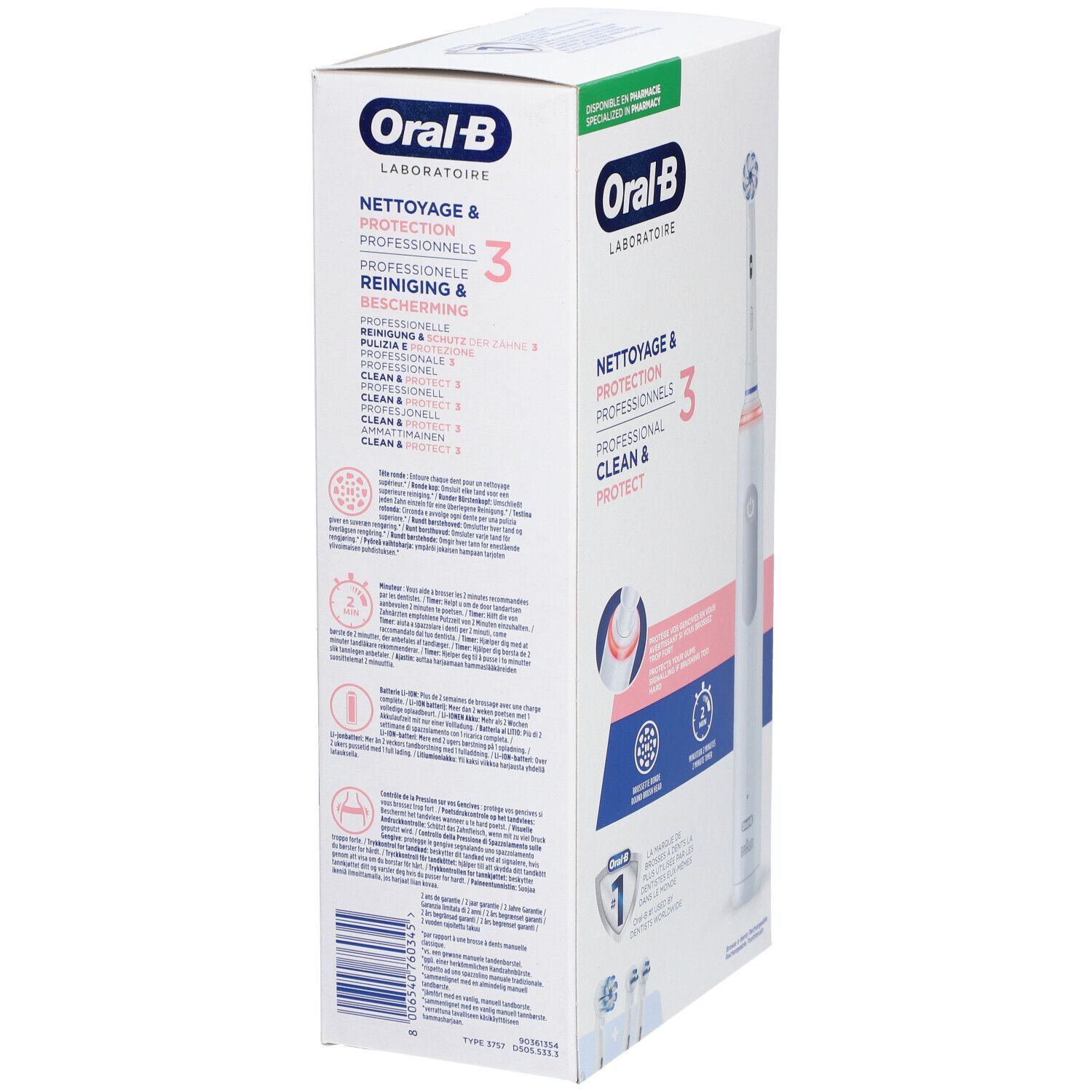 Verpakking met productinformatie. Opschrift: Oral-B, Professional Clean & Protect. Zijaanzicht met productafbeelding en tekst.