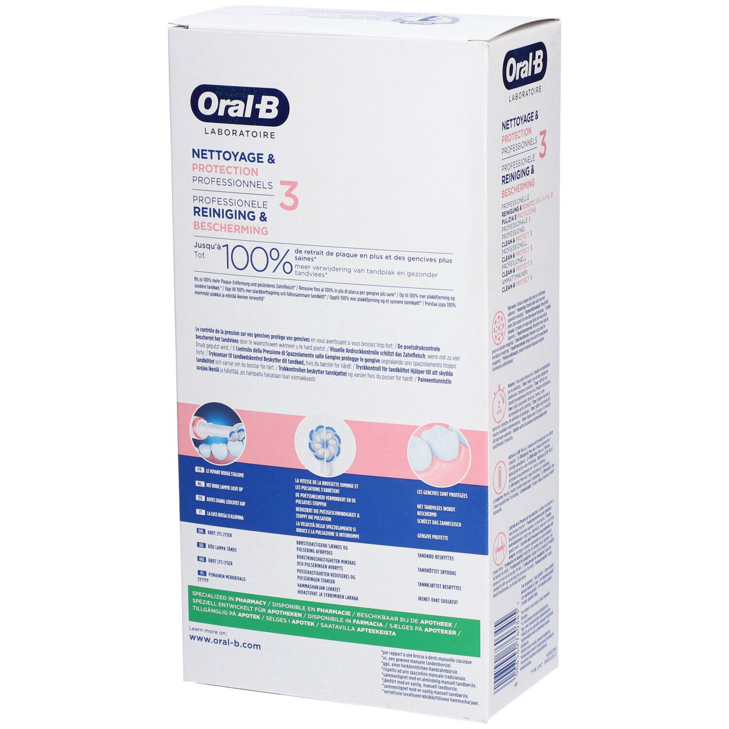Verpakking met productinformatie. Opschrift: Oral-B, Professional Clean & Protect. Achterkant met productafbeeldingen en tekst.