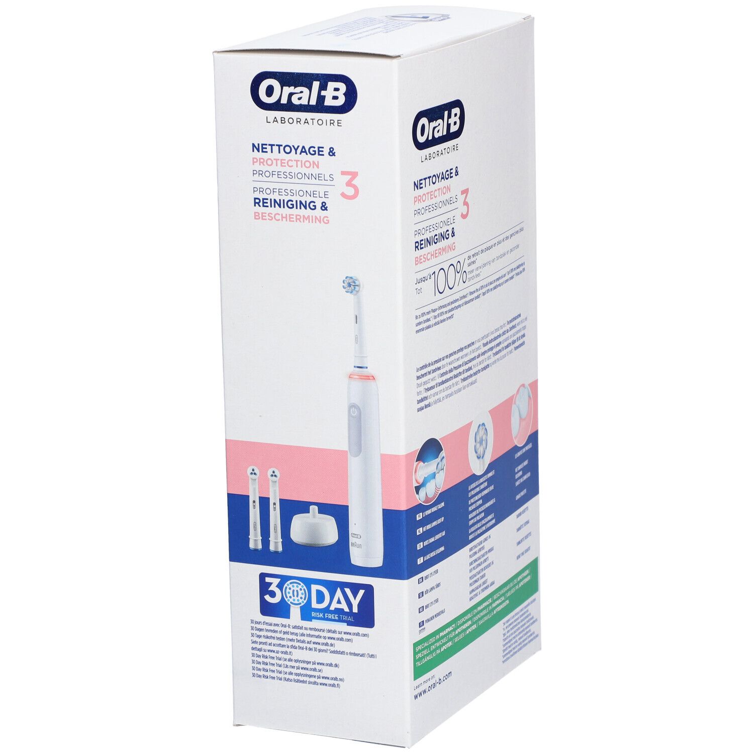 Verpakking met productinformatie. Opschrift: Oral-B, Professional Clean & Protect. Zijaanzicht met product en accessoires.