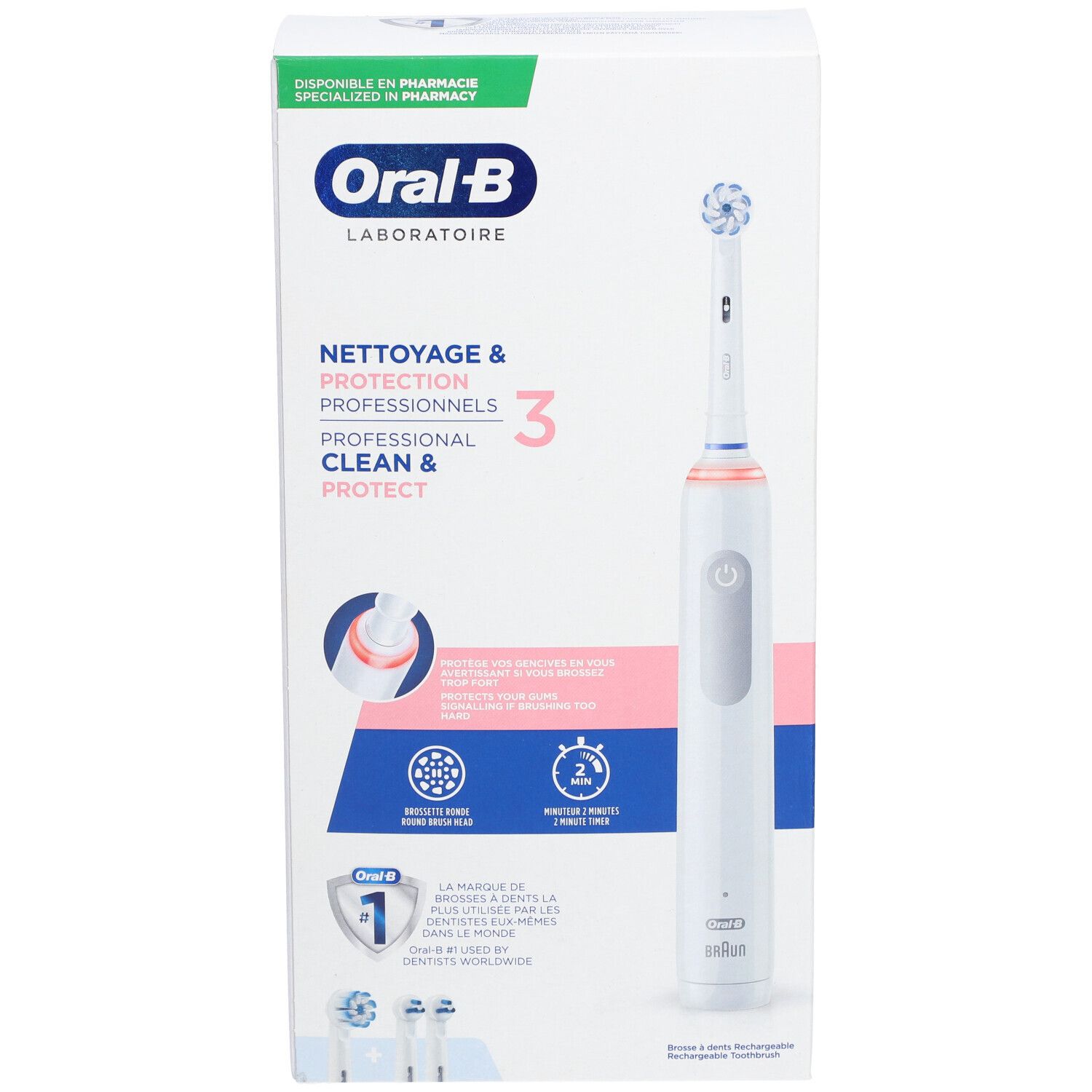 Tandenborstel en verpakking. Opschrift: Oral-B, Professional Clean & Protect. Verpakking met productafbeelding en informatie.