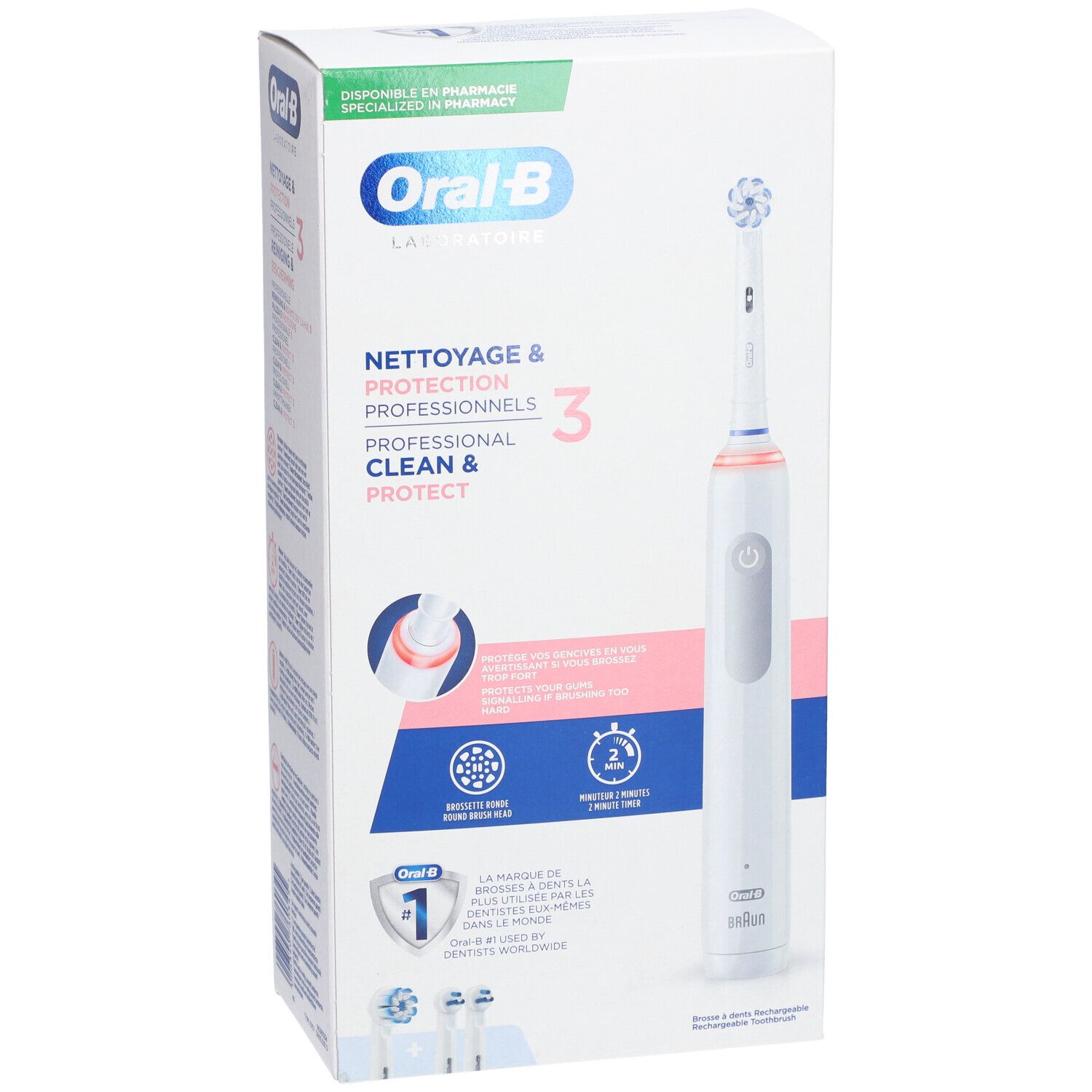 Tandenborstel en verpakking. Opschrift: Oral-B, Professional Clean & Protect. Verpakking met productafbeelding en informatie.
