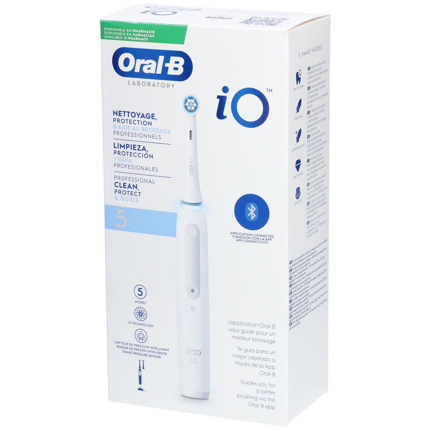 Elektrische tandenborstel Oral-B iO™ in verpakking. Wit, met blauwe accenten. Opschrift: Reinigen, beschermen & leiden.