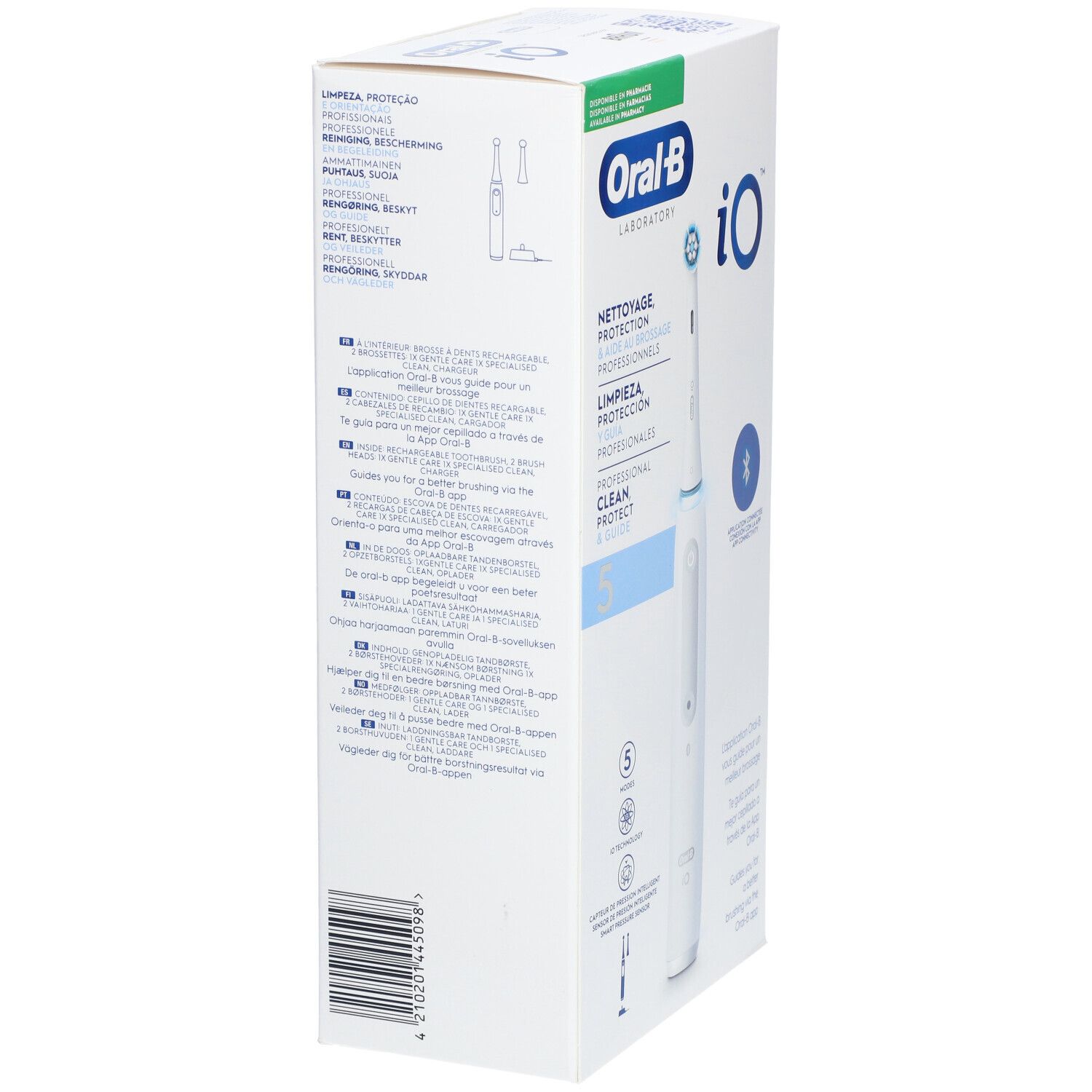Verpakking van de elektrische tandenborstel Oral-B iO™. Wit, met productafbeelding en tekst in meerdere talen.