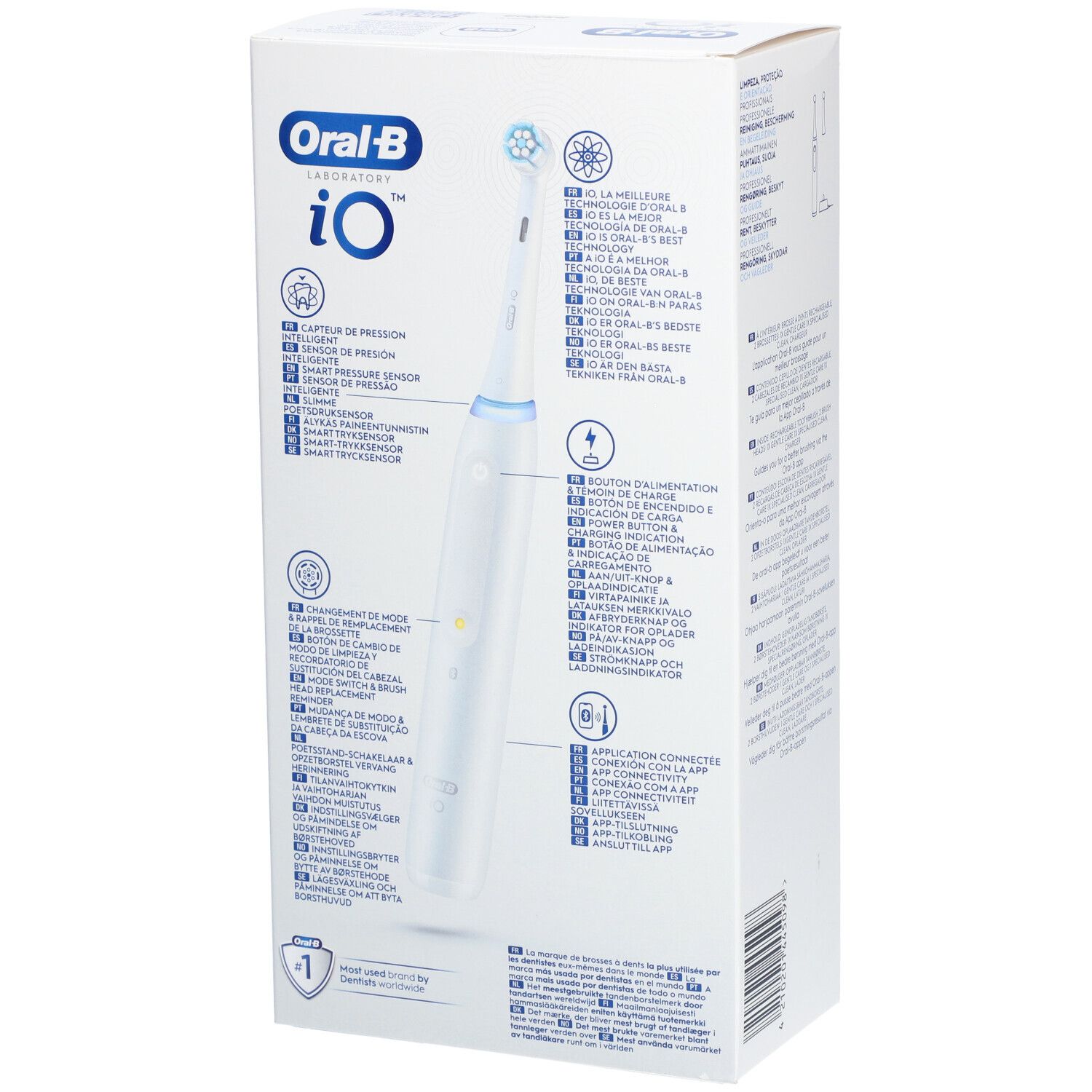Achterkant van de verpakking van de elektrische tandenborstel Oral-B iO™. Tekst en illustraties tonen productkenmerken.