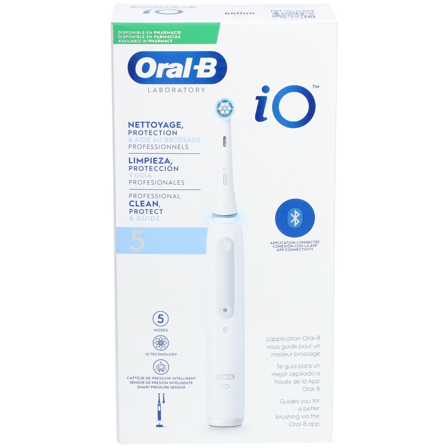 Elektrische tandenborstel Oral-B iO™ in verpakking. Wit, met blauwe accenten. 5 poetsmodi, Bluetooth-symbool.
