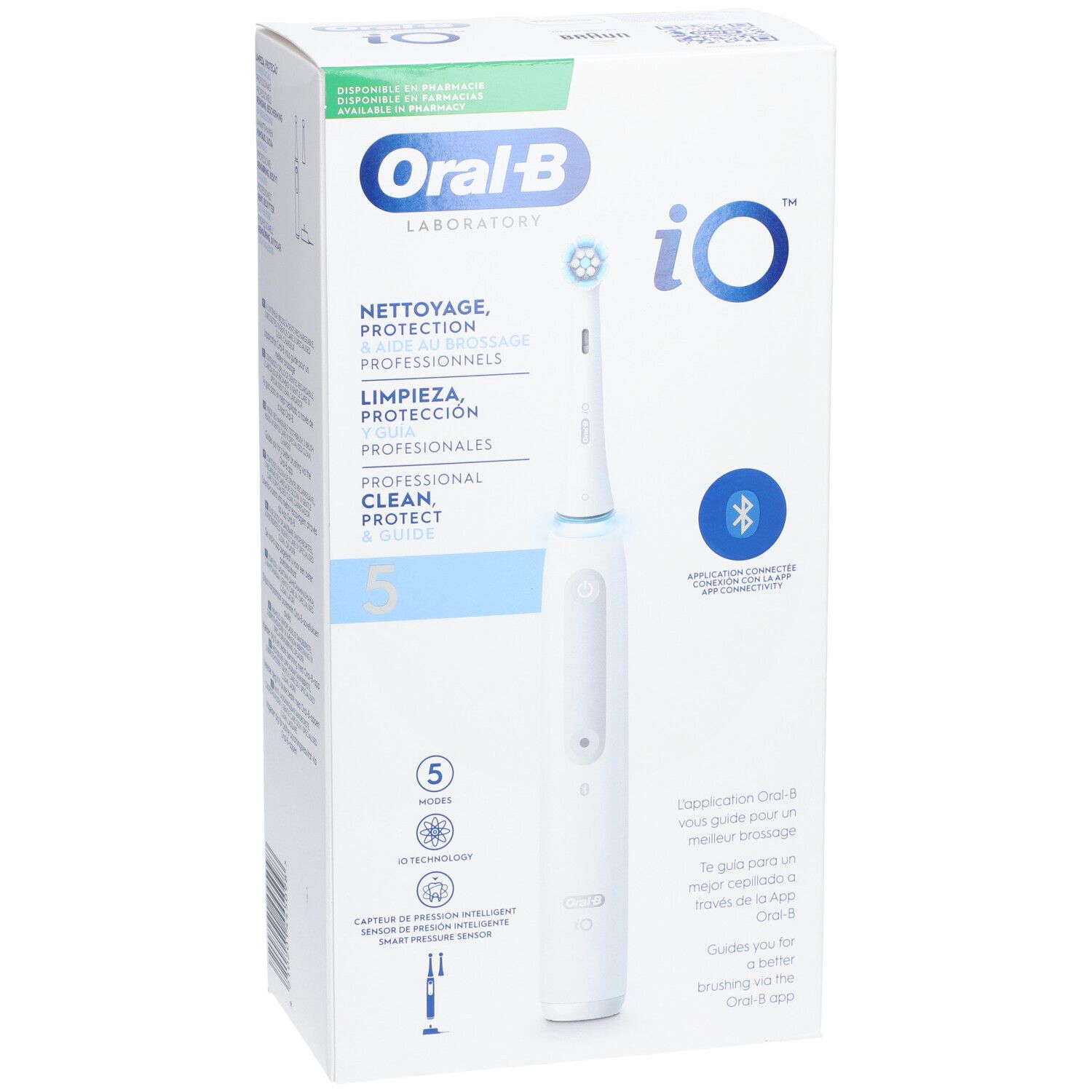 Verpakking van de elektrische tandenborstel Oral-B iO™. Wit, met blauwe accenten. Productnaam, 5 poetsmodi, Bluetooth.