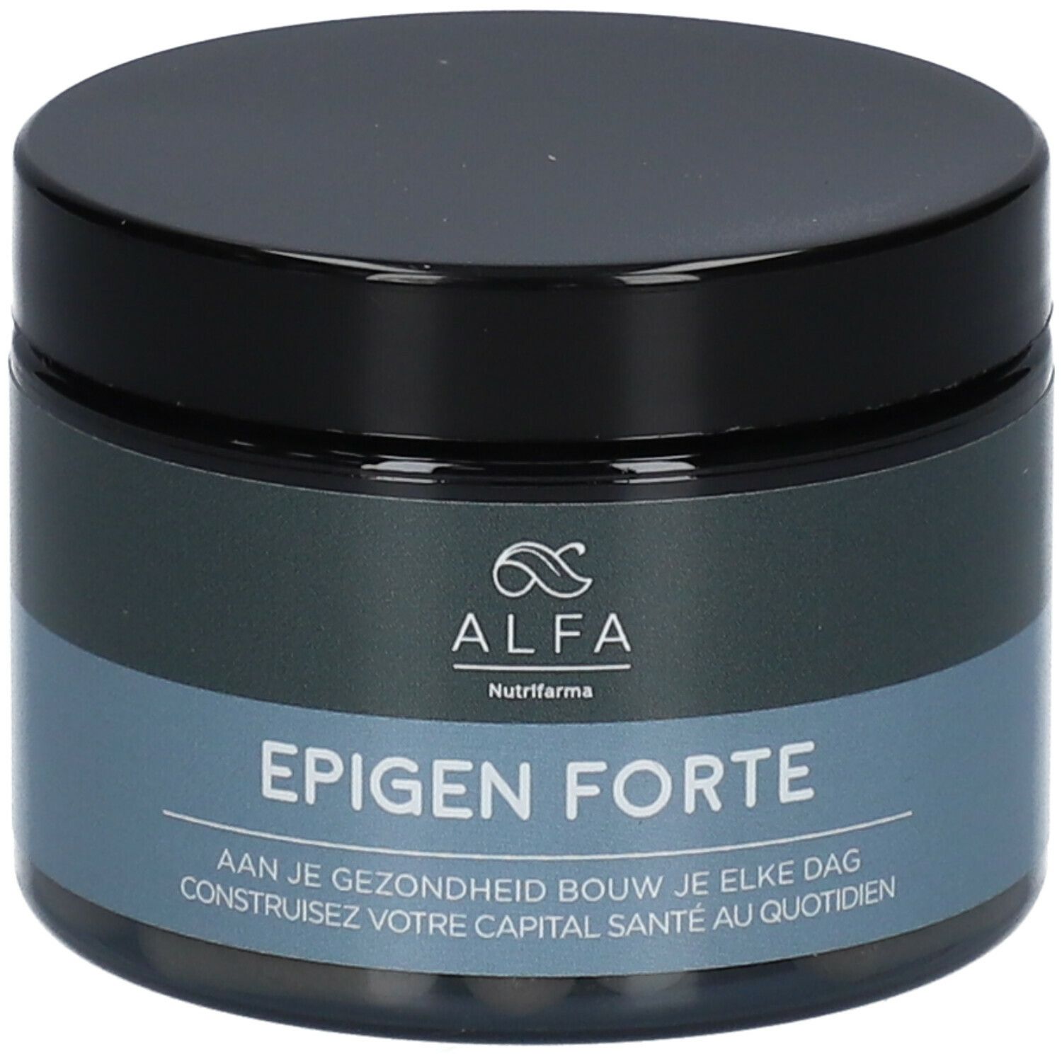 Pot met zwarte deksel. Opschrift: ALFA, Epigen Forte. Blauwe en grijze kleurstelling. Capsules zichtbaar.