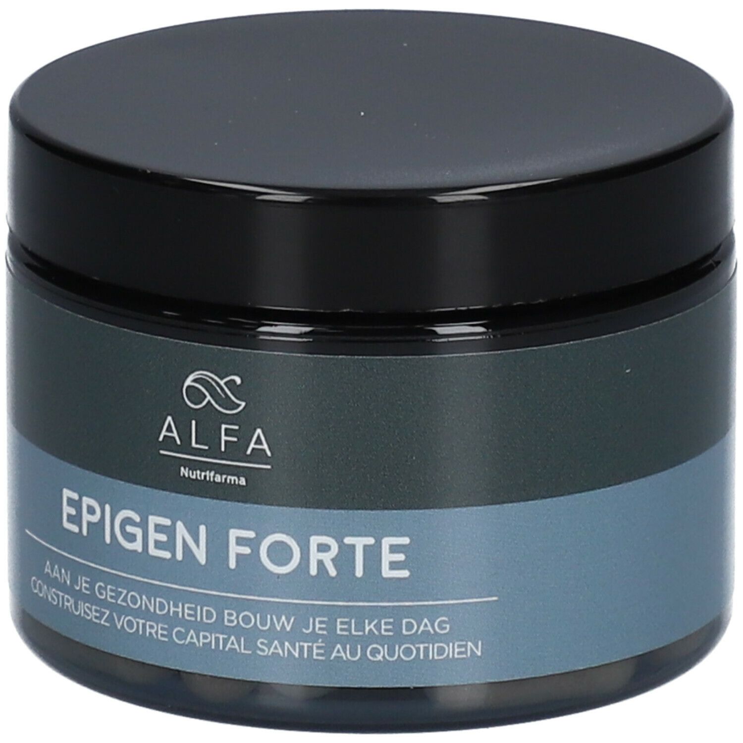 Pot met zwarte deksel. Opschrift: ALFA, Epigen Forte. Blauw en grijs. Capsules zichtbaar.