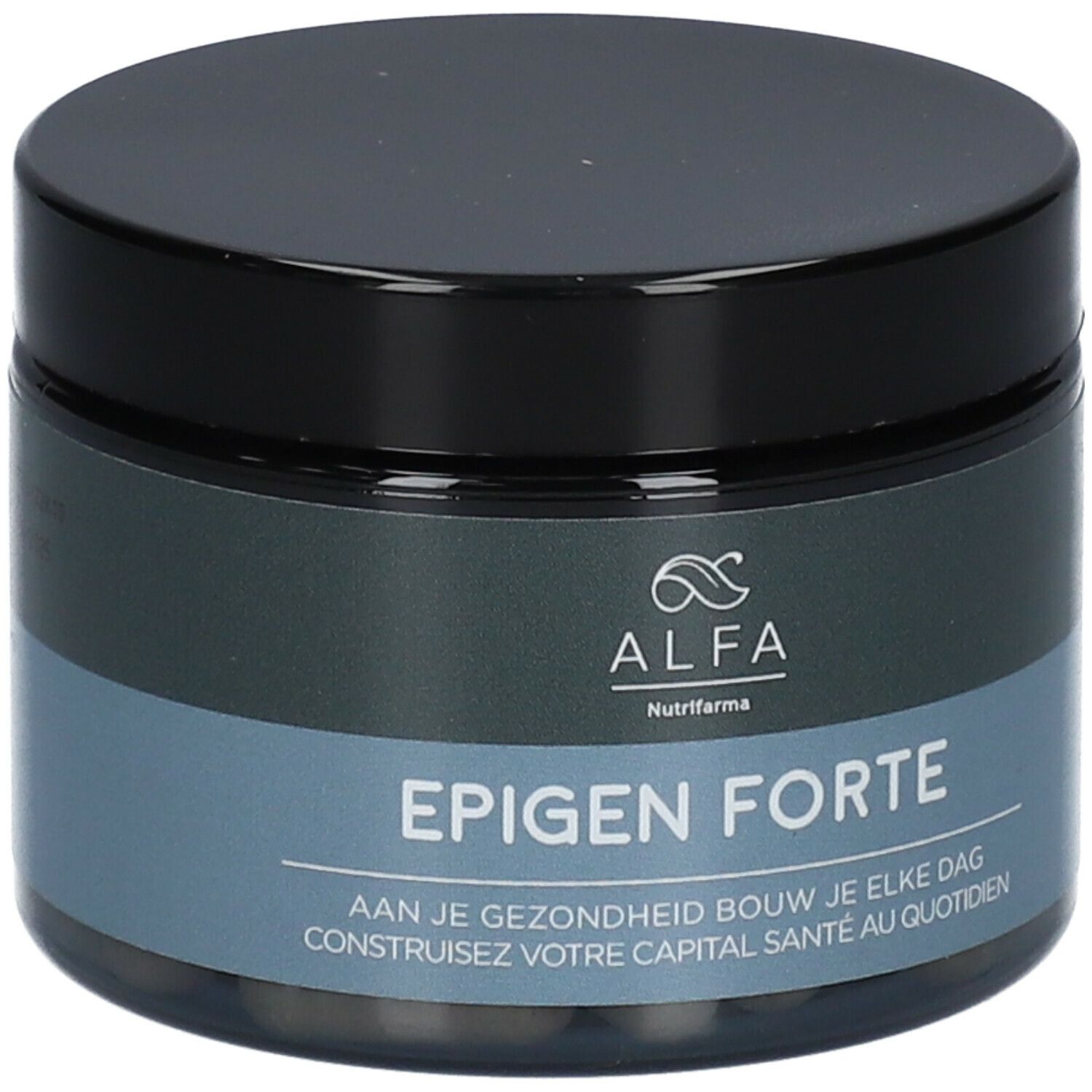 Pot met zwarte deksel. Opschrift: ALFA, Epigen Forte. Blauw en grijs. Capsules zichtbaar.