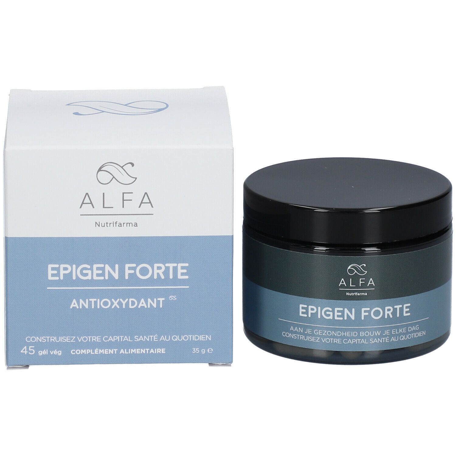 Verpakking en pot. Opschrift: ALFA, Epigen Forte, antioxidant. Blauw en wit. Capsules zichtbaar.
