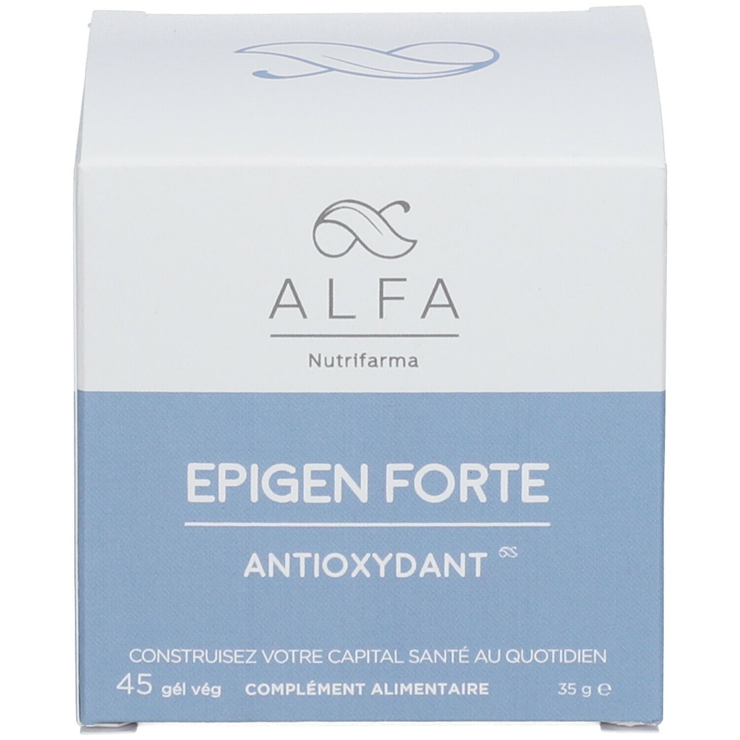 Verpakking. Opschrift: ALFA, Epigen Forte, antioxidant. Blauw en wit. 45 capsules.