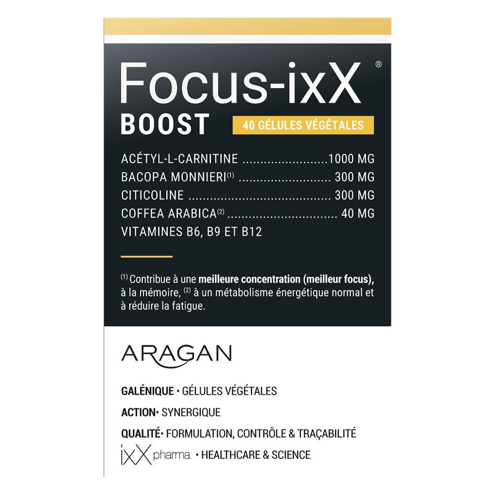 Boîte avec inscription : Focus-ixX Boost. Ingrédients et logo de la marque.