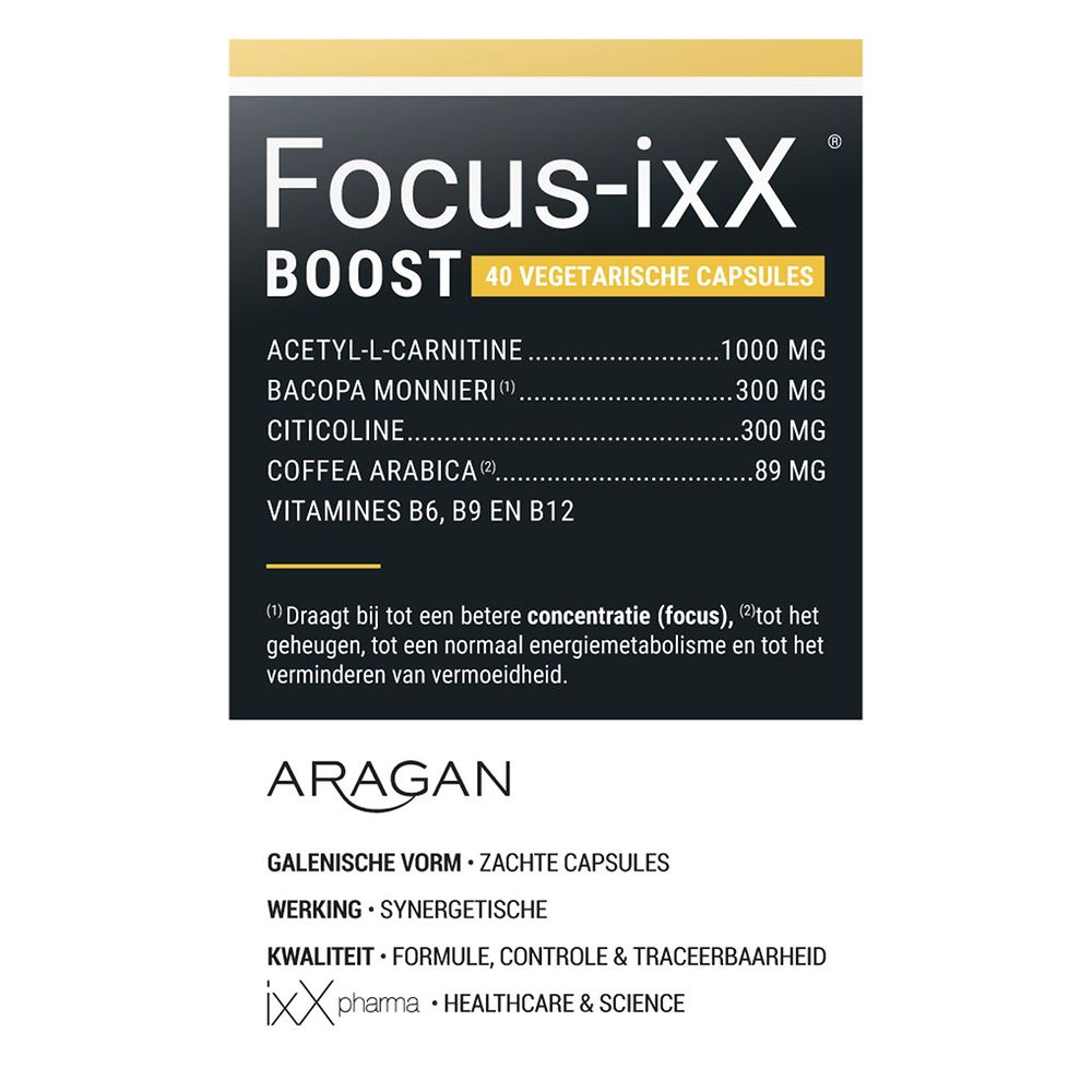 Doos met opschrift: Focus-ixX Boost. Ingrediënten en merklogo.