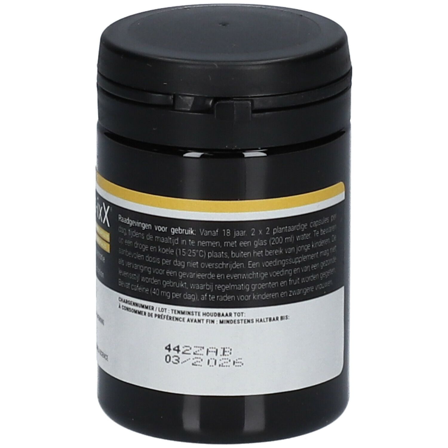 Boîte noire avec étiquette jaune. Inscription : Focus-ixX Boost. Texte et code QR.