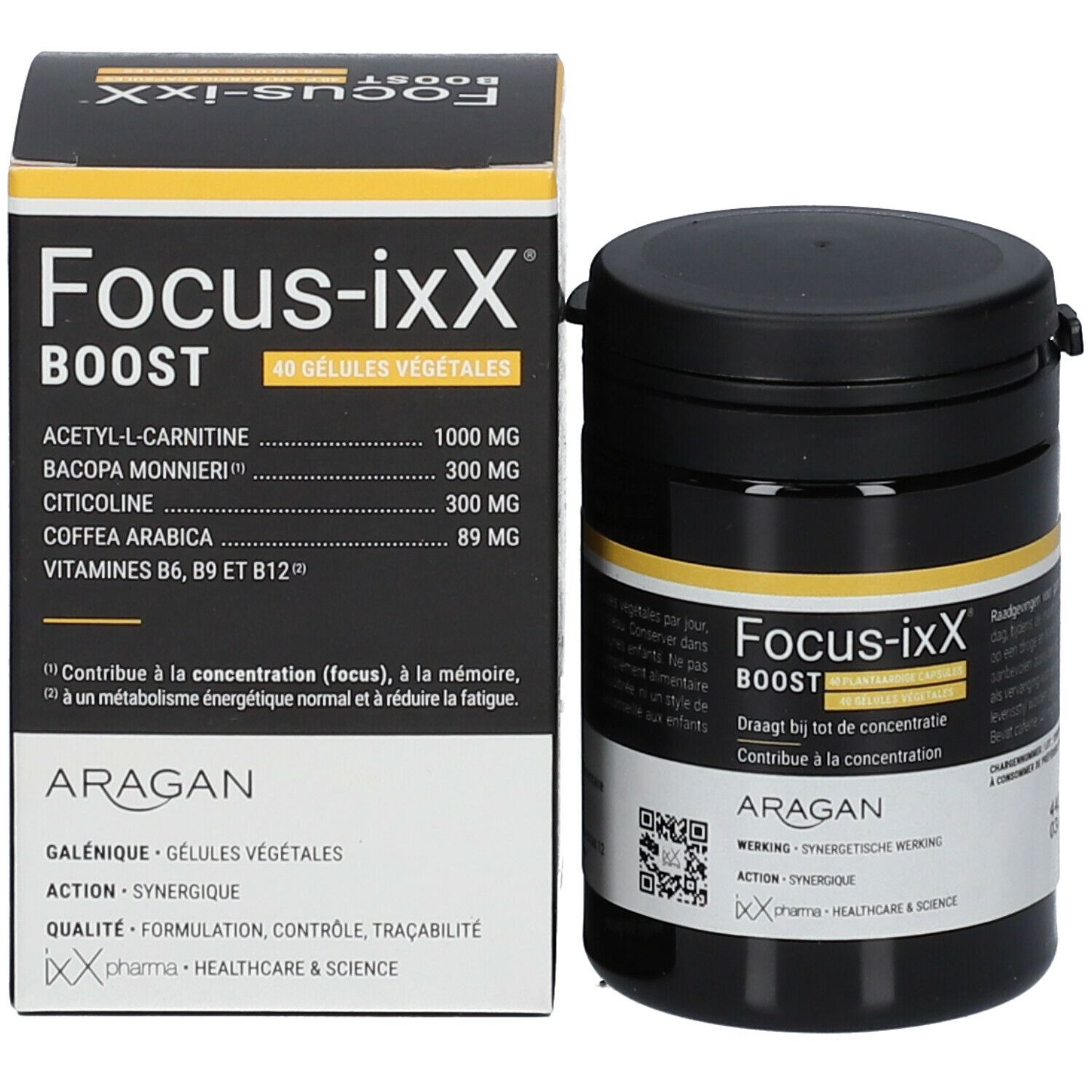 Emballage du produit avec boîte et flacon. Inscription : Focus-ixX Boost. Ingrédients et logo de la marque.