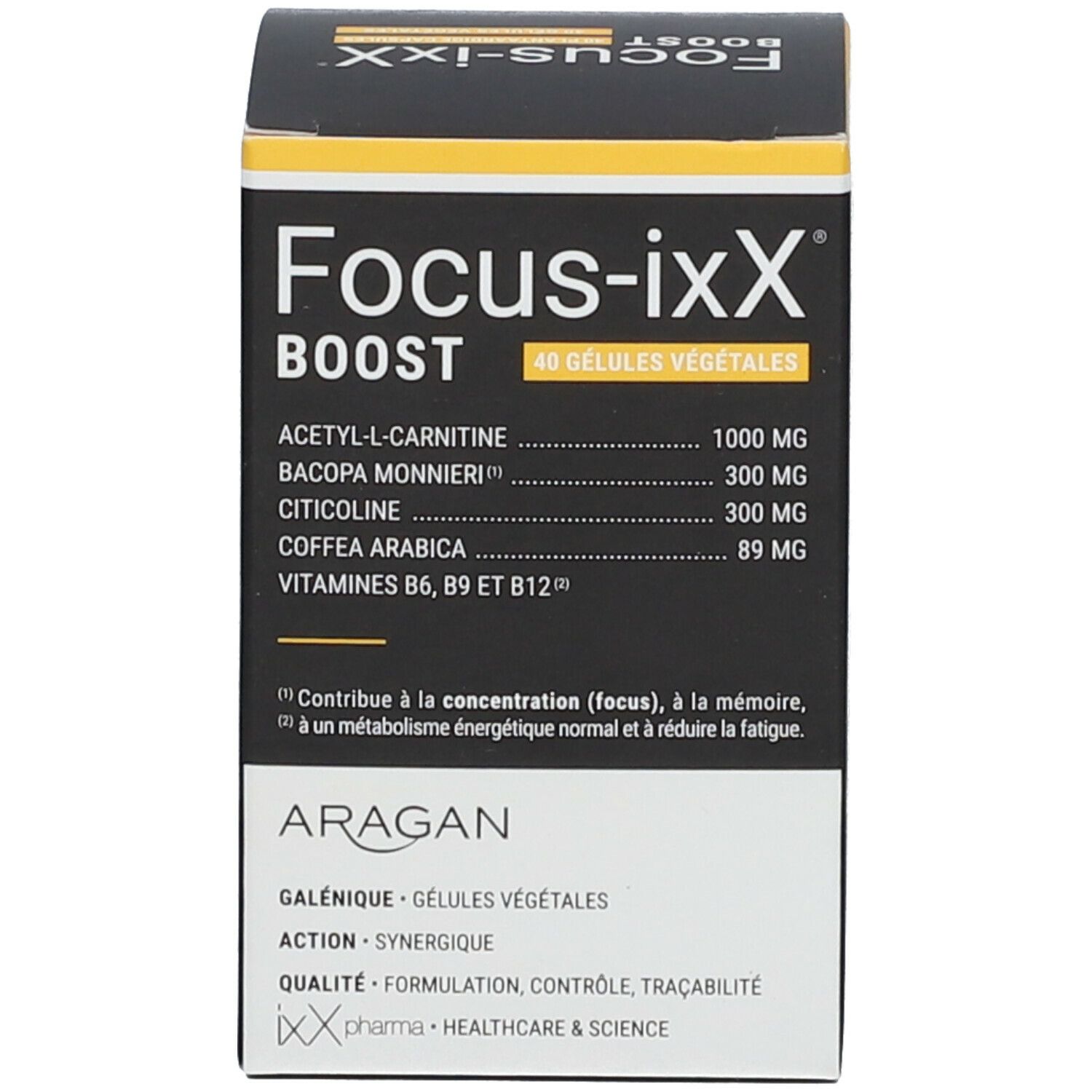 Boîte avec inscription : Focus-ixX Boost. Ingrédients et logo de la marque.