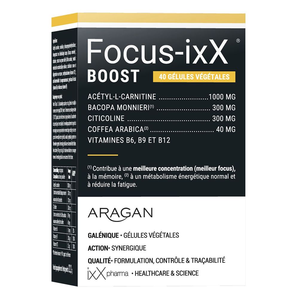 Boîte avec inscription : Focus-ixX Boost. Ingrédients et logo de la marque.