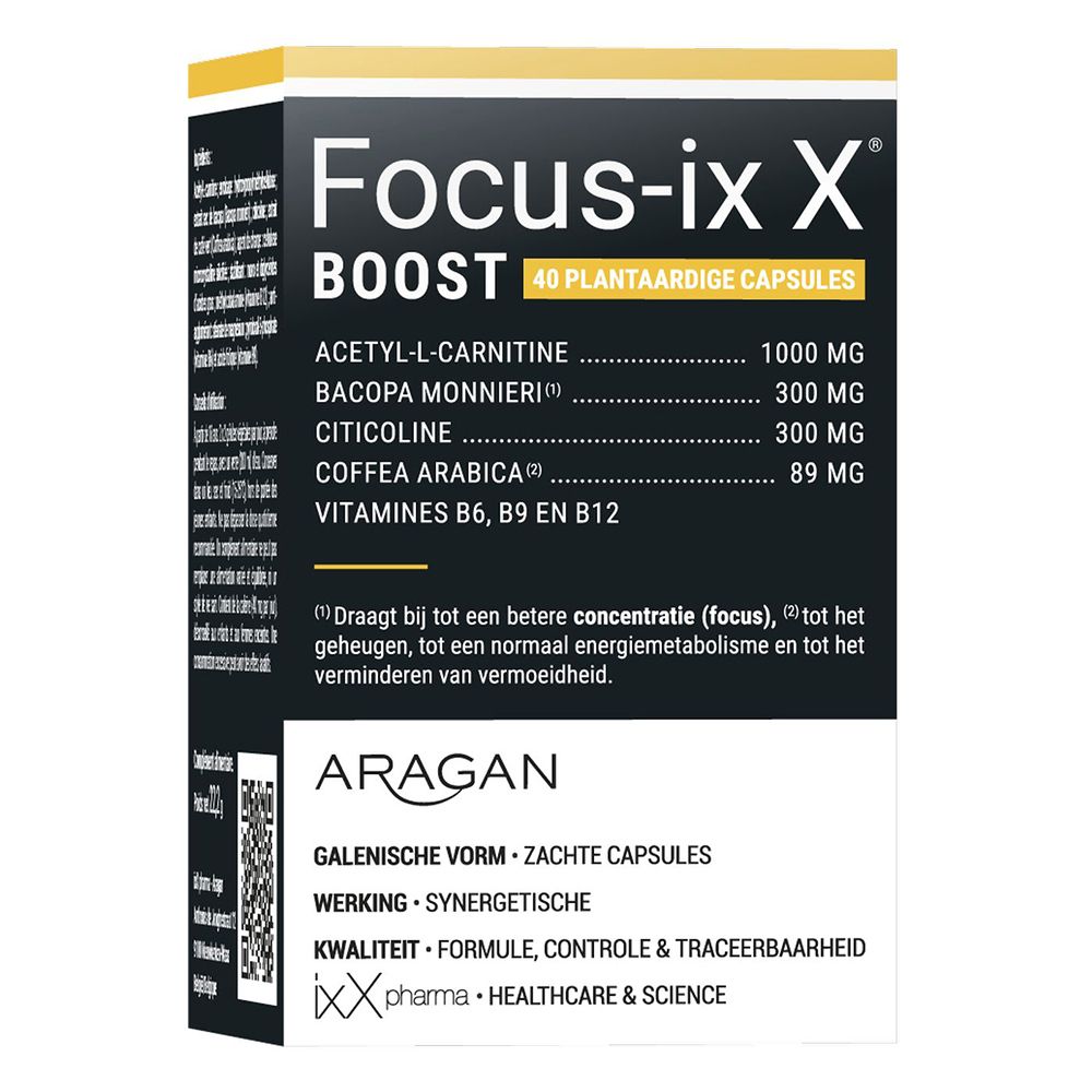 Doos met opschrift: Focus-ixX Boost. Ingrediënten en merklogo.