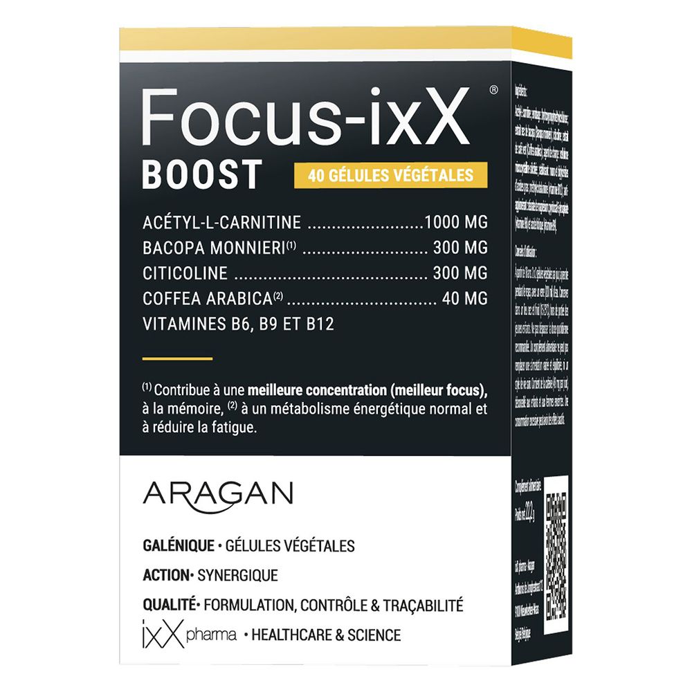 Boîte avec inscription : Focus-ixX Boost. Ingrédients et logo de la marque.