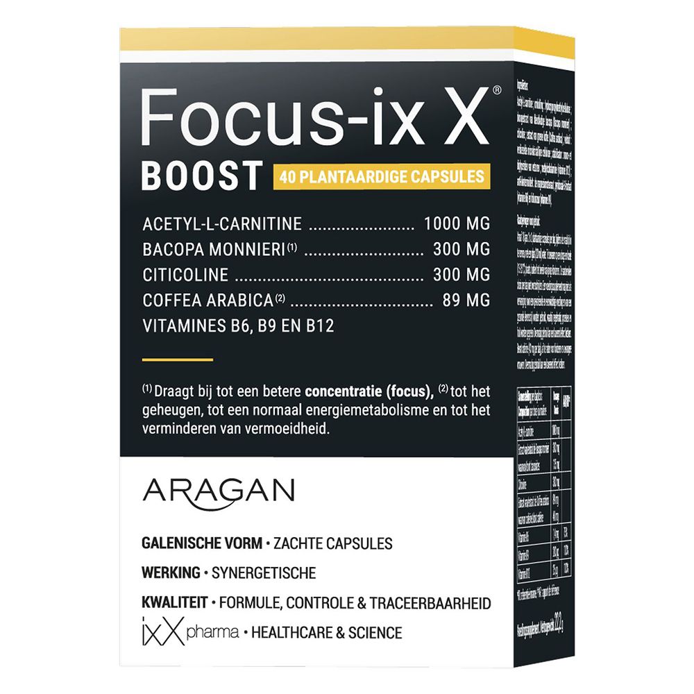 Doos met opschrift: Focus-ixX Boost. Ingrediënten en merklogo.