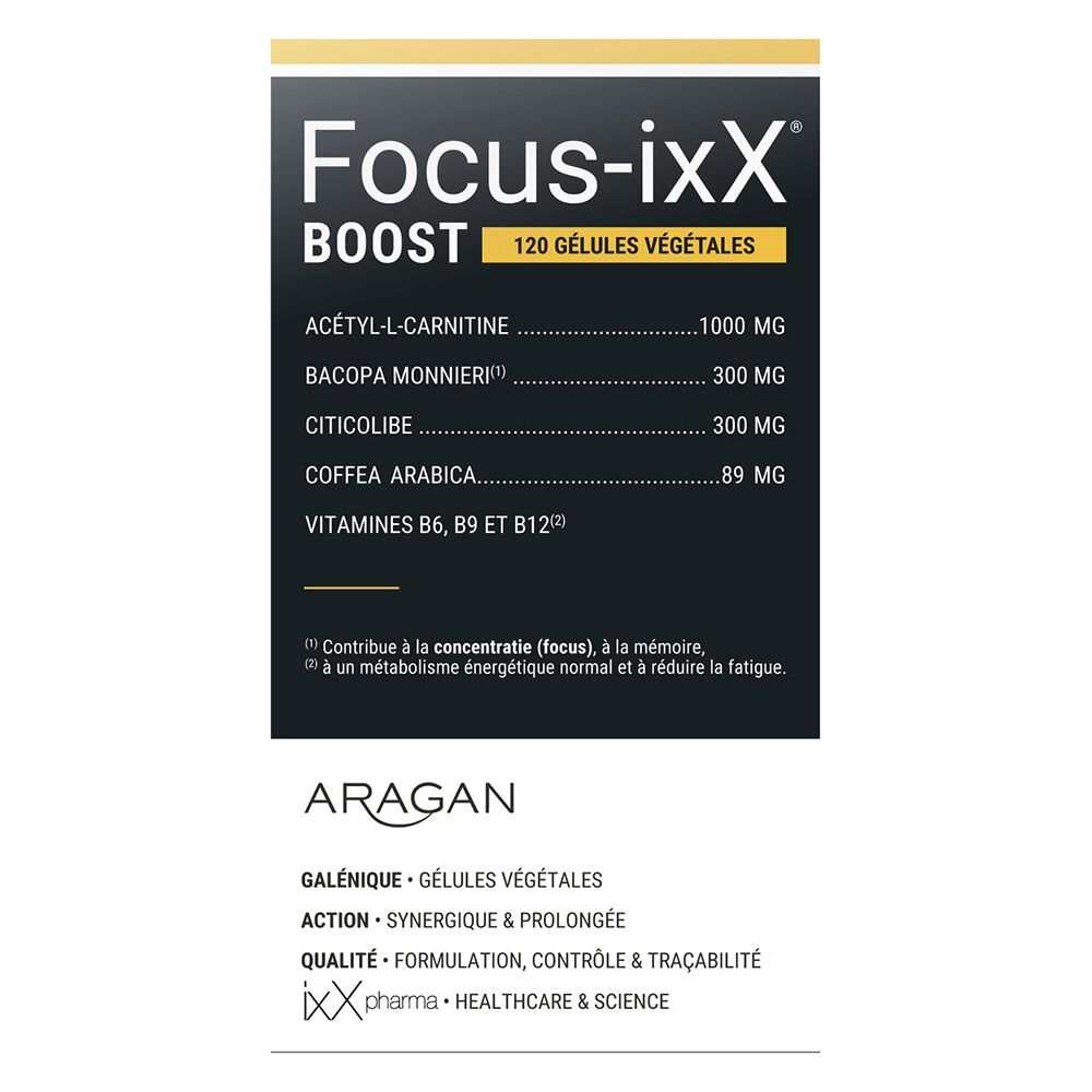 Boîte de Focus-ixX Boost, 120 gélules végétales. Ingrédients. Marque Aragan. Informations.