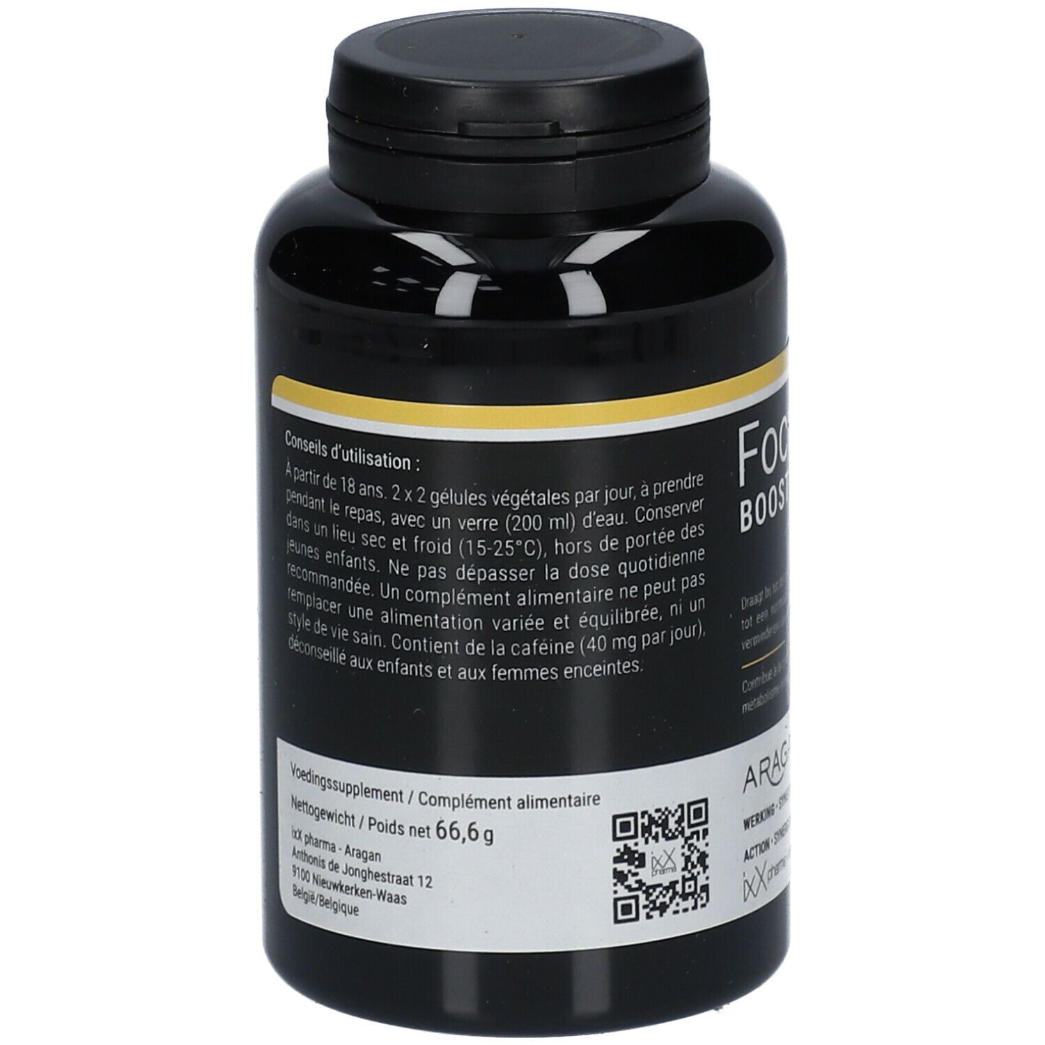 Dos du flacon noir. Texte en néerlandais et français. Marque Aragan. Code QR. Informations sur le produit.