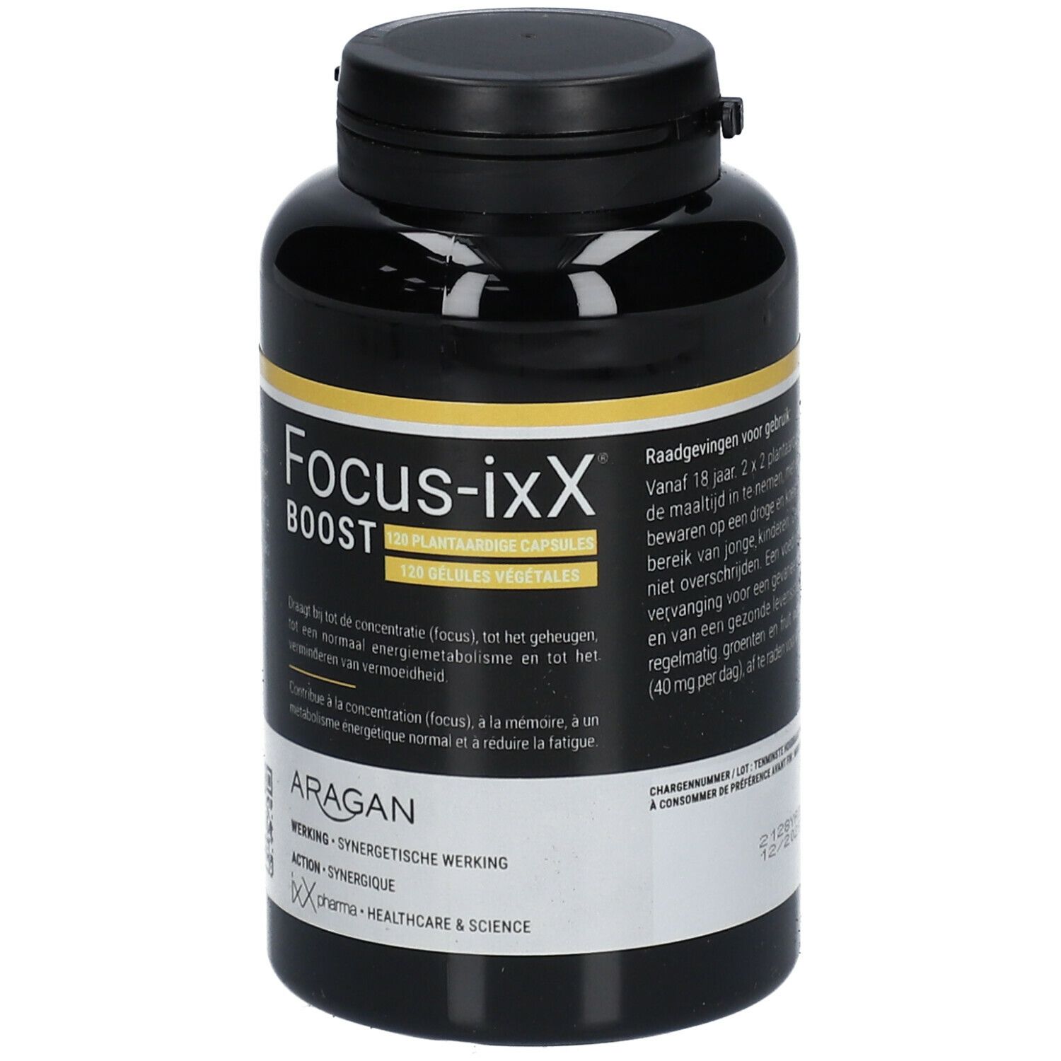 Flacon noir de Focus-ixX Boost, 120 gélules végétales. Inscription jaune. Marque Aragan. Forme cylindrique.