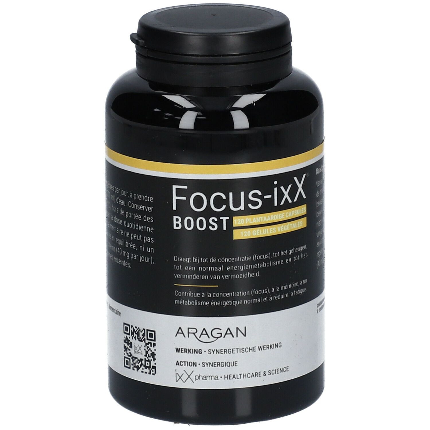 Flacon noir de Focus-ixX Boost, 120 gélules végétales. Inscription jaune. Marque Aragan. Forme cylindrique.