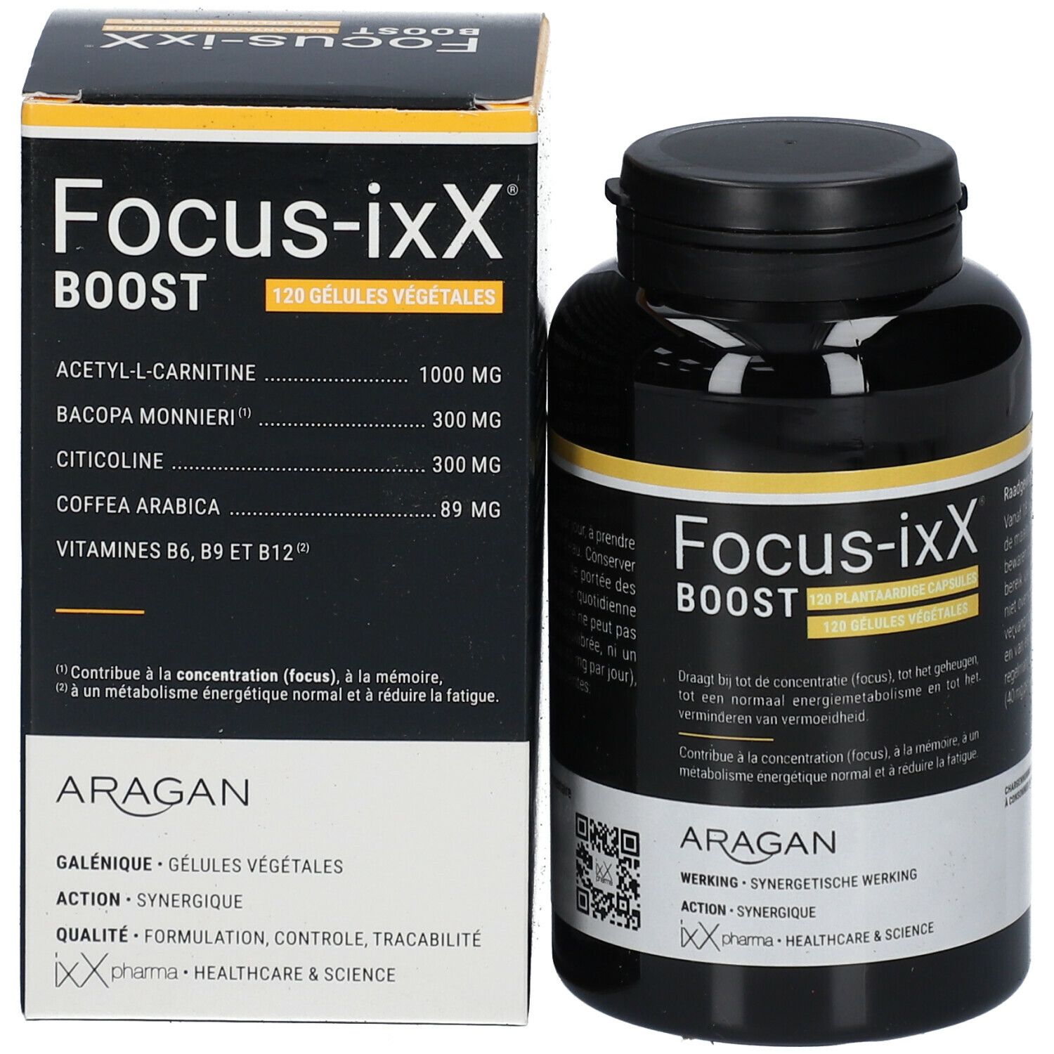 Boîte et flacon. Focus-ixX Boost, 120 gélules végétales. Ingrédients. Marque Aragan. Informations.