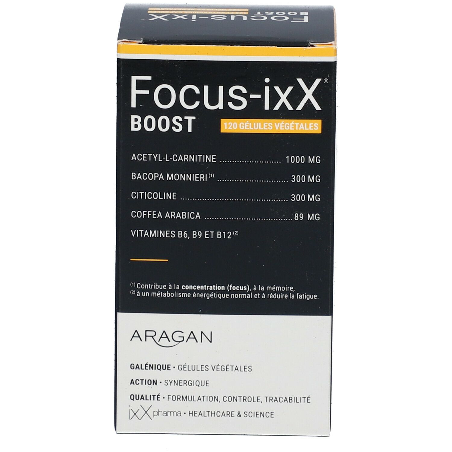 Boîte de Focus-ixX Boost, 120 gélules végétales. Ingrédients. Marque Aragan. Informations.