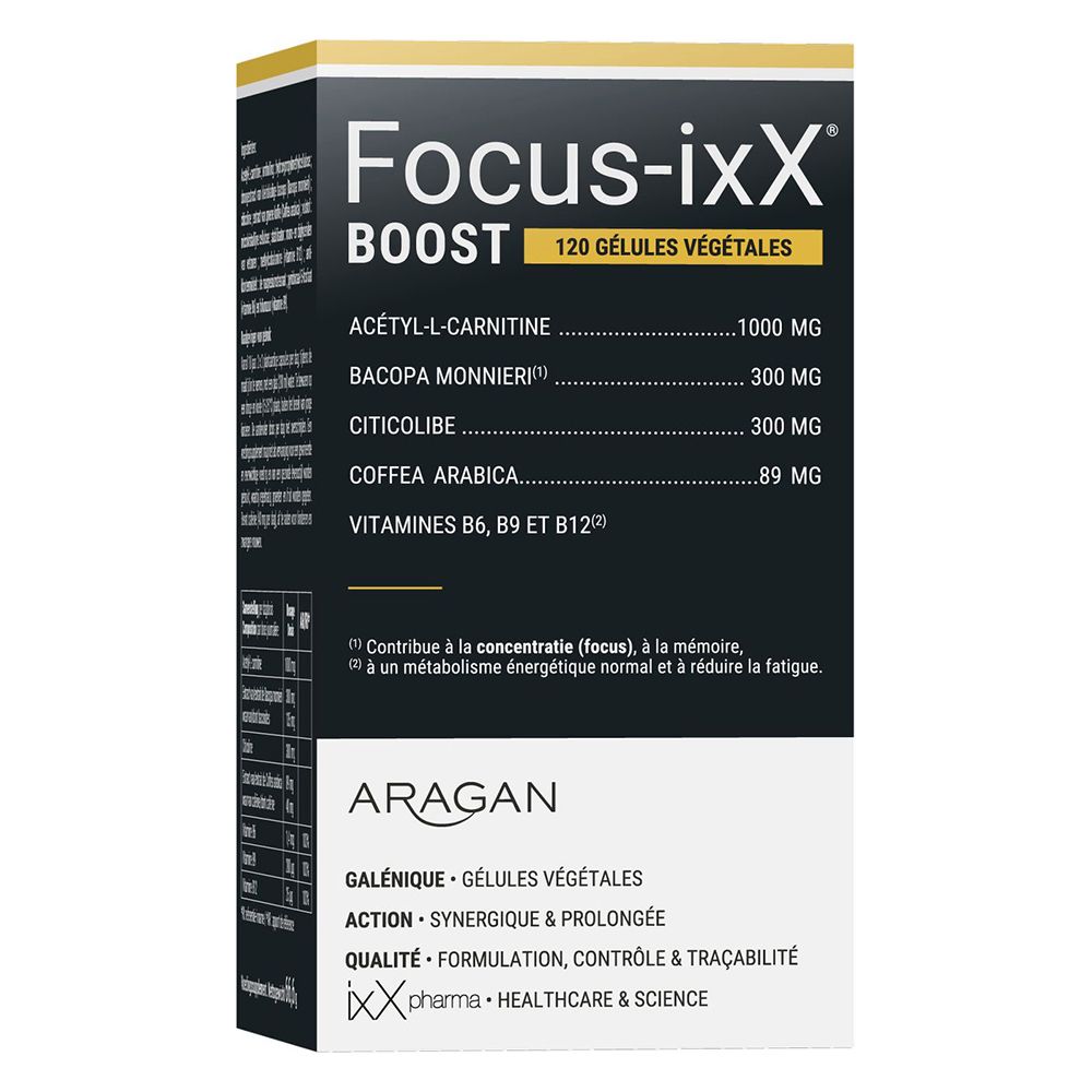 Boîte de Focus-ixX Boost, 120 gélules végétales. Ingrédients. Marque Aragan. Informations.