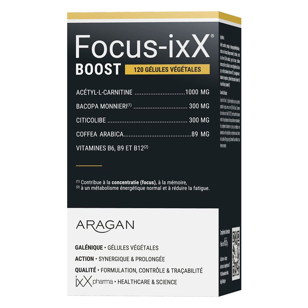 Boîte de Focus-ixX Boost, 120 gélules végétales. Ingrédients. Marque Aragan. Informations.