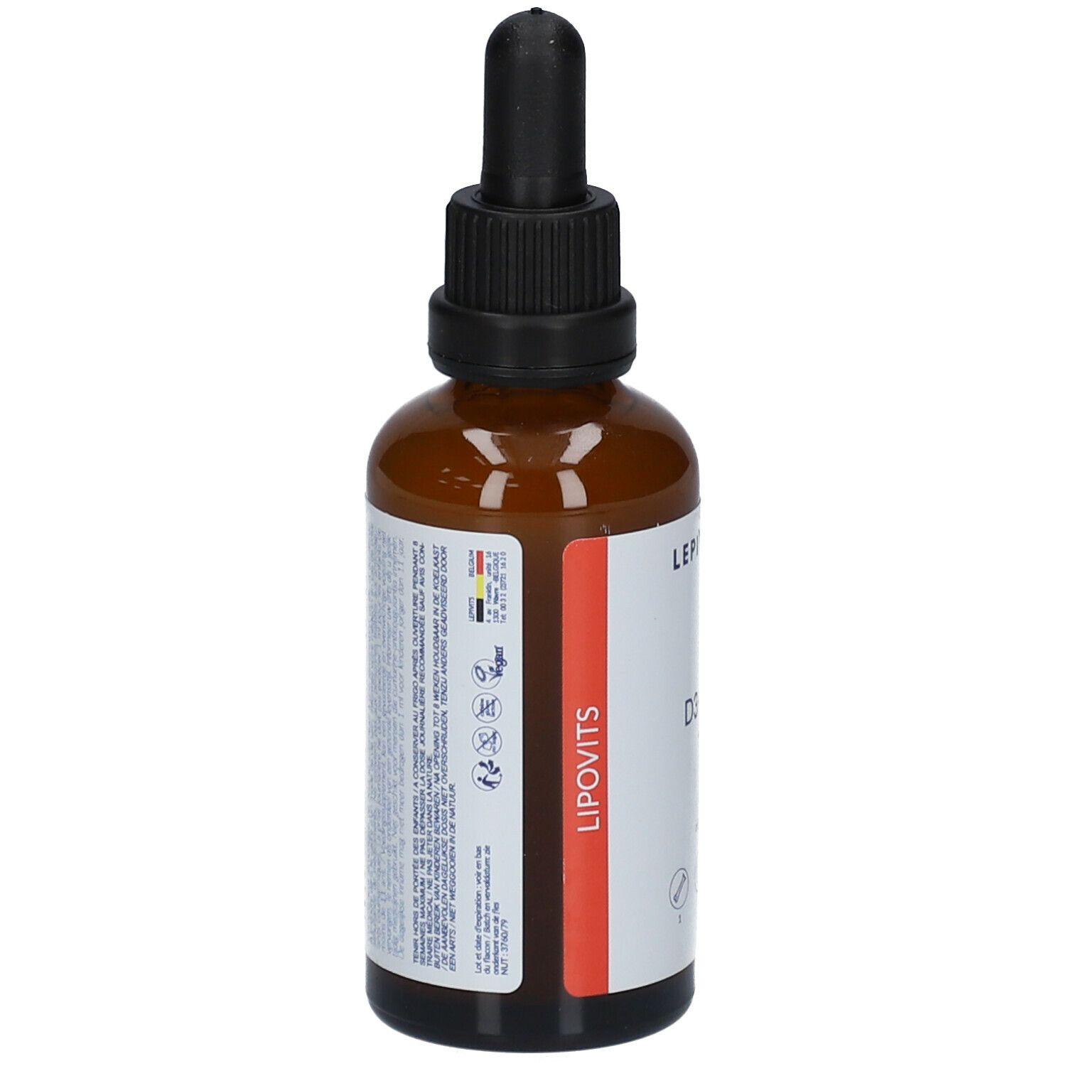 Bruine glazen fles met zwarte dop en pipet. Etiket met productinformatie en logo. LEPIVITS D3+K2 liposomaal vegan.