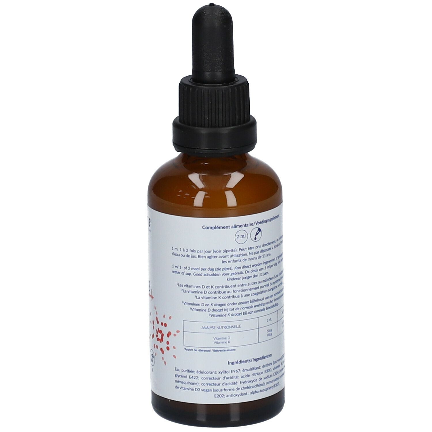 Bruine glazen fles met zwarte dop en pipet. Etiket met productinformatie en ingrediënten. LEPIVITS D3+K2 liposomaal vegan.