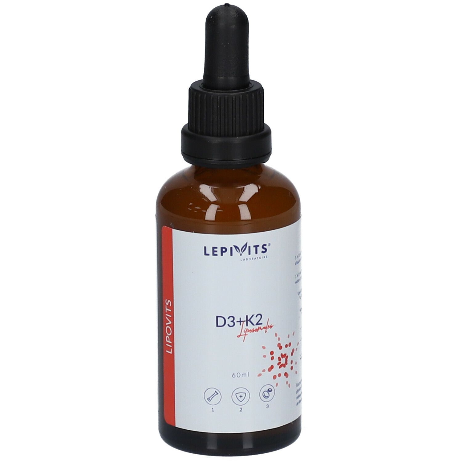 Bruine glazen fles met zwarte dop en pipet. Etiket met productinformatie en ingrediënten. LEPIVITS D3+K2 liposomaal vegan.