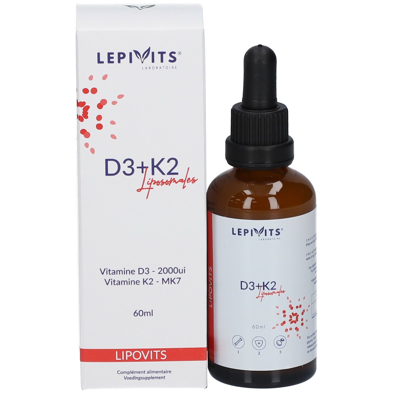 Productverpakking met fles en doos. Fles met zwarte dop en pipet. LEPIVITS D3+K2 liposomaal vegan.