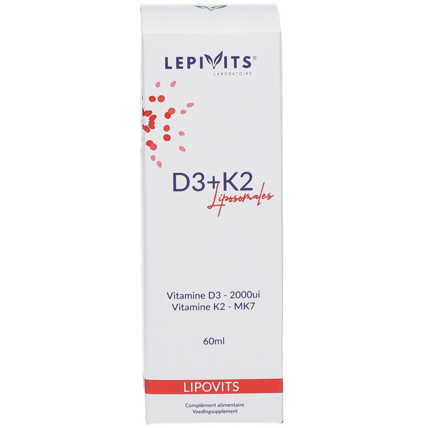 Productverpakking, witte doos met productinformatie. LEPIVITS D3+K2 liposomaal vegan. Bevat fles.