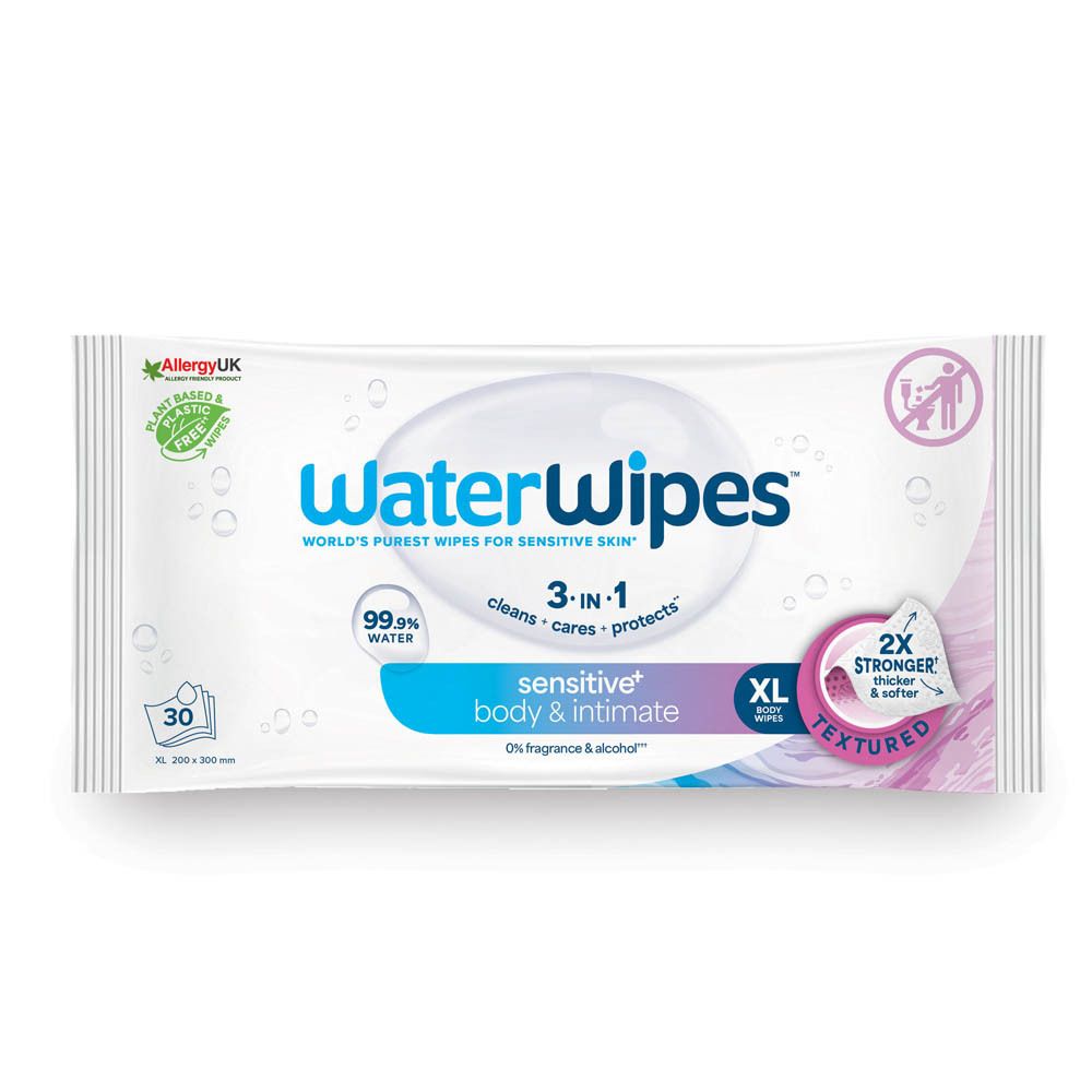 Weiße WaterWipes-Verpackung. Aufschrift: sensitive body & intimate. Enthält 30 Tücher. XL-Größe. 2X stärker.