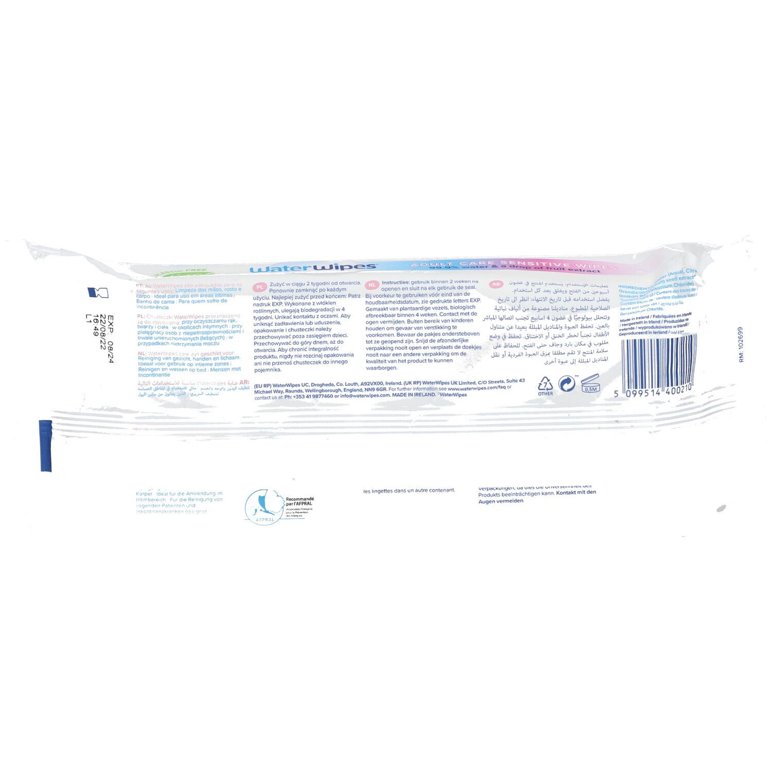 Dos du paquet de lingettes. Texte multilingue, code-barres et logos.