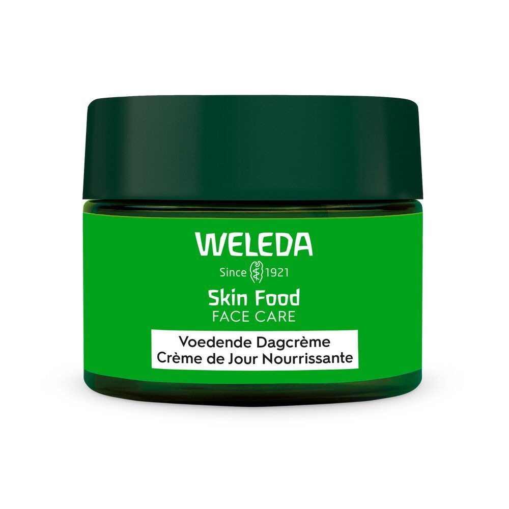 Pot vert avec couvercle. Inscription: WELEDA Skin Food FACE CARE. Texte en néerlandais et français.