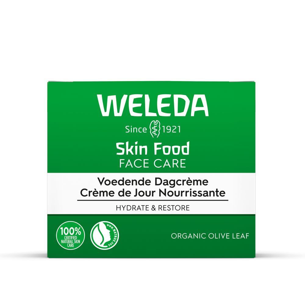Emballage vert avec bande blanche. Inscription: WELEDA Skin Food FACE CARE. Texte en néerlandais et français. Logos.